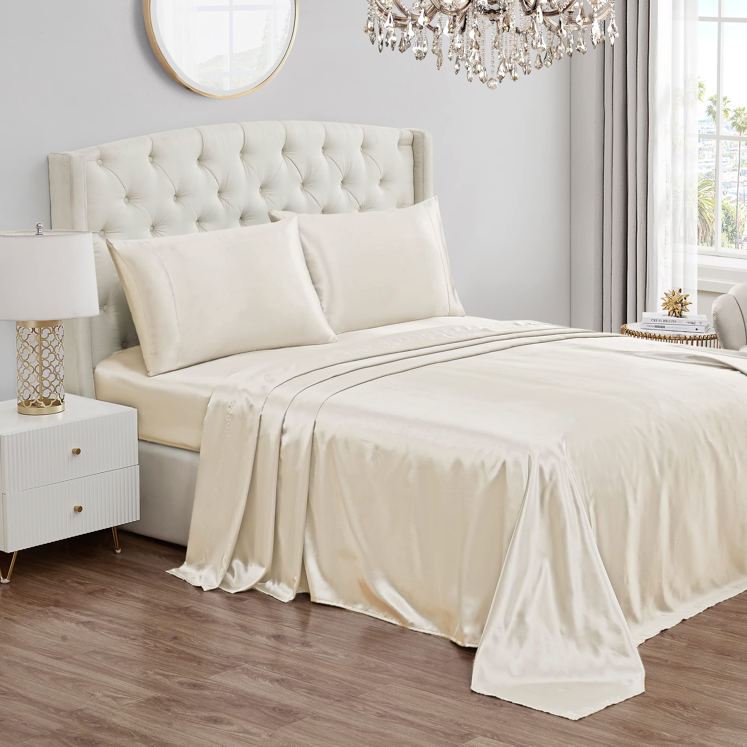 Juicy Couture Full Size Satin Bed Sheet Set - 4 Piece Deep Pocket Silky Satin Sheets with 1 Fitted Sheet, 1 Flat Sheet & 2 Pillowcases | Wrinkle Resistant, Anti-Pilling Luxury Bedding for Master Bedroom, Guest Room & Hotel Use - Ivory