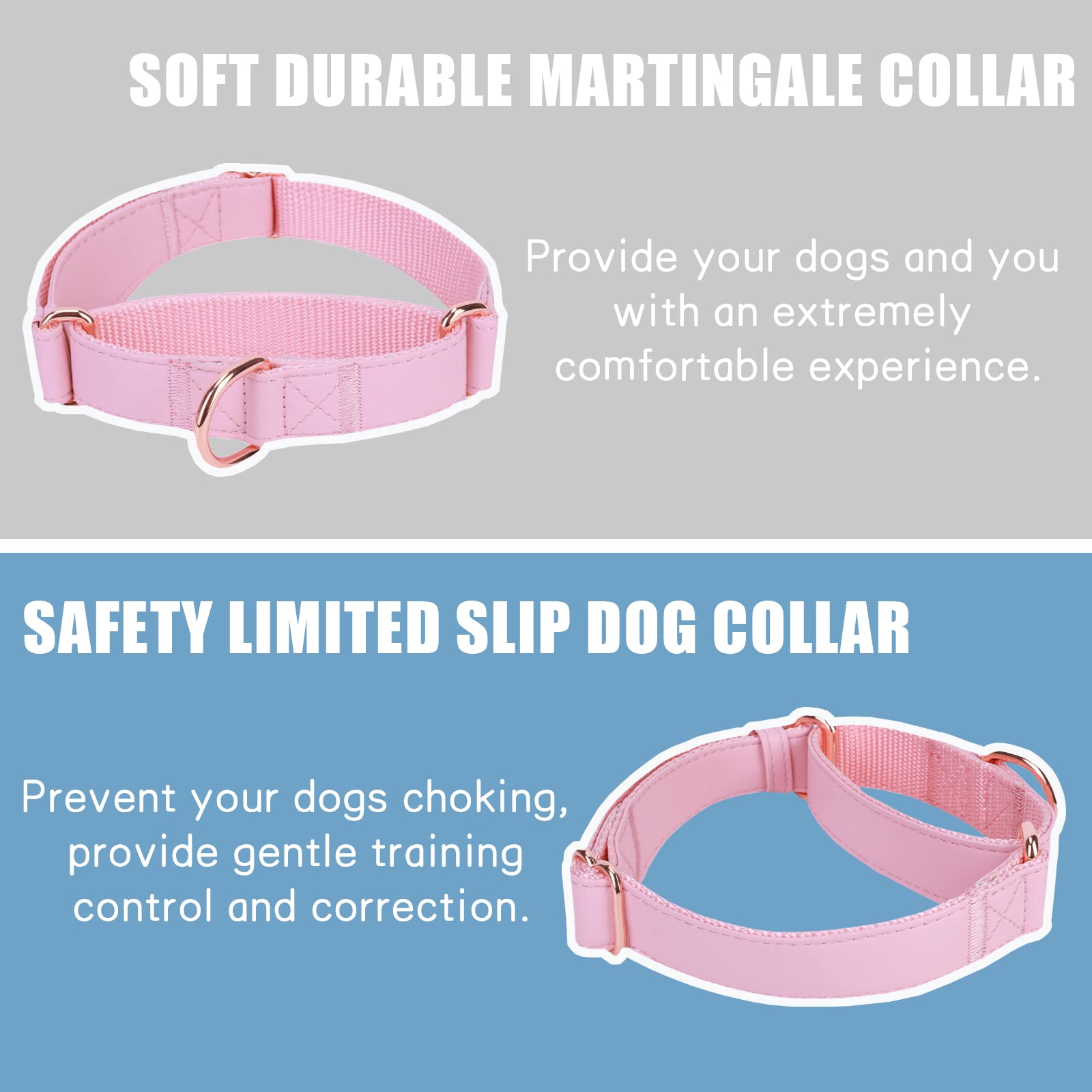 Premium Soft Leather Martingale Dog Collar - Adjustable Rose Gold Slip Collar for Small Medium Large Dogs | Durable No-Pull Training Collar with Stylish Design | Easy to Clean & Comfortable for Daily Walks, Training & Outdoor Adventures