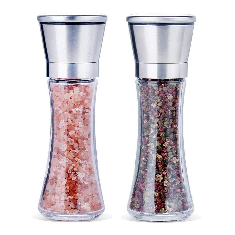 Premium Stainless Steel & Glass Salt and Pepper Grinder Set - Adjustable Coarseness, Refillable Tall Mills for Sea Salt, Black Peppercorn & Spices (2-Piece) - Perfect for Kitchen, Dining Table & Gourmet Cooking