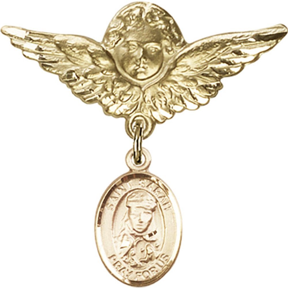 Gold Filled Baby Badge Pin with St. Sarah Charm & Angel Wings - 1 1/8 X 1 1/8 Inch - Perfect for Christening, Baptism Gifts & Baby Shower Favors