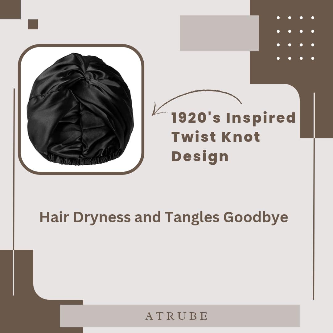Atrube Reversible Silk Satin Sleep Bonnet for Women - Adjustable Tie Band Hair Wrap Cap for Sleeping, Natural Hair Protection - Includes Free Scrunchies (Black, 21