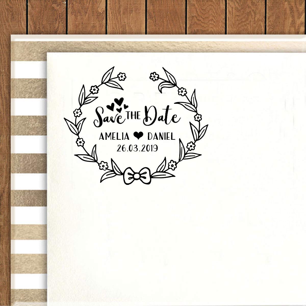 Custom Self-Inking Round Rubber Stamp - Personalized Floral Wreath Design for Save The Date, Wedding Invitations & DIY Crafts | Perfect Gift Idea for Brides & Stationery Lovers