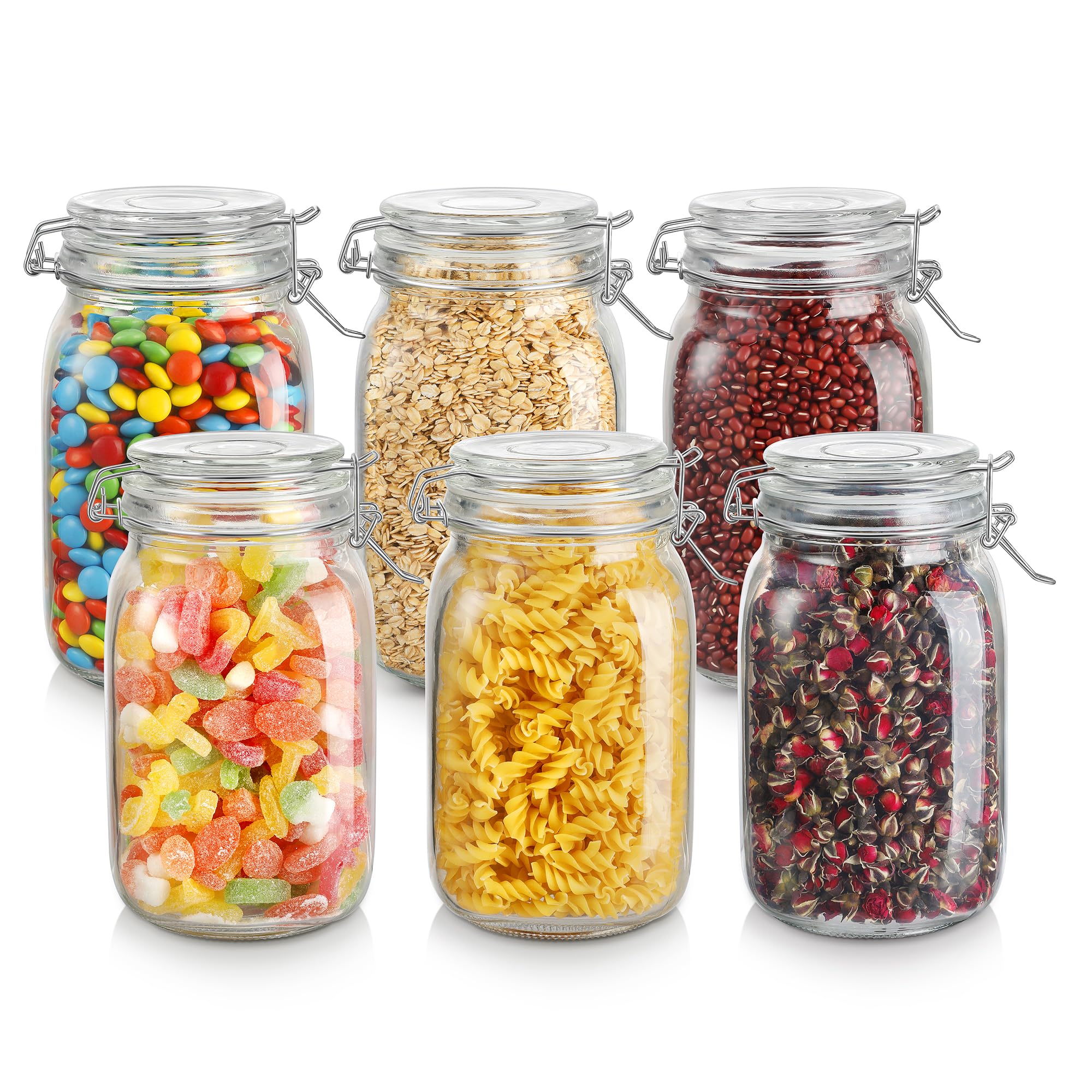 Amisglass 6-Piece 1.6 Liter Airtight Glass Jars with Leak-Proof Rubber Gasket & Hinged Lids - Perfect for Kitchen Pantry Organization, Dry Food Storage, Coffee Beans, Spices, and DIY Mason Jar Crafts