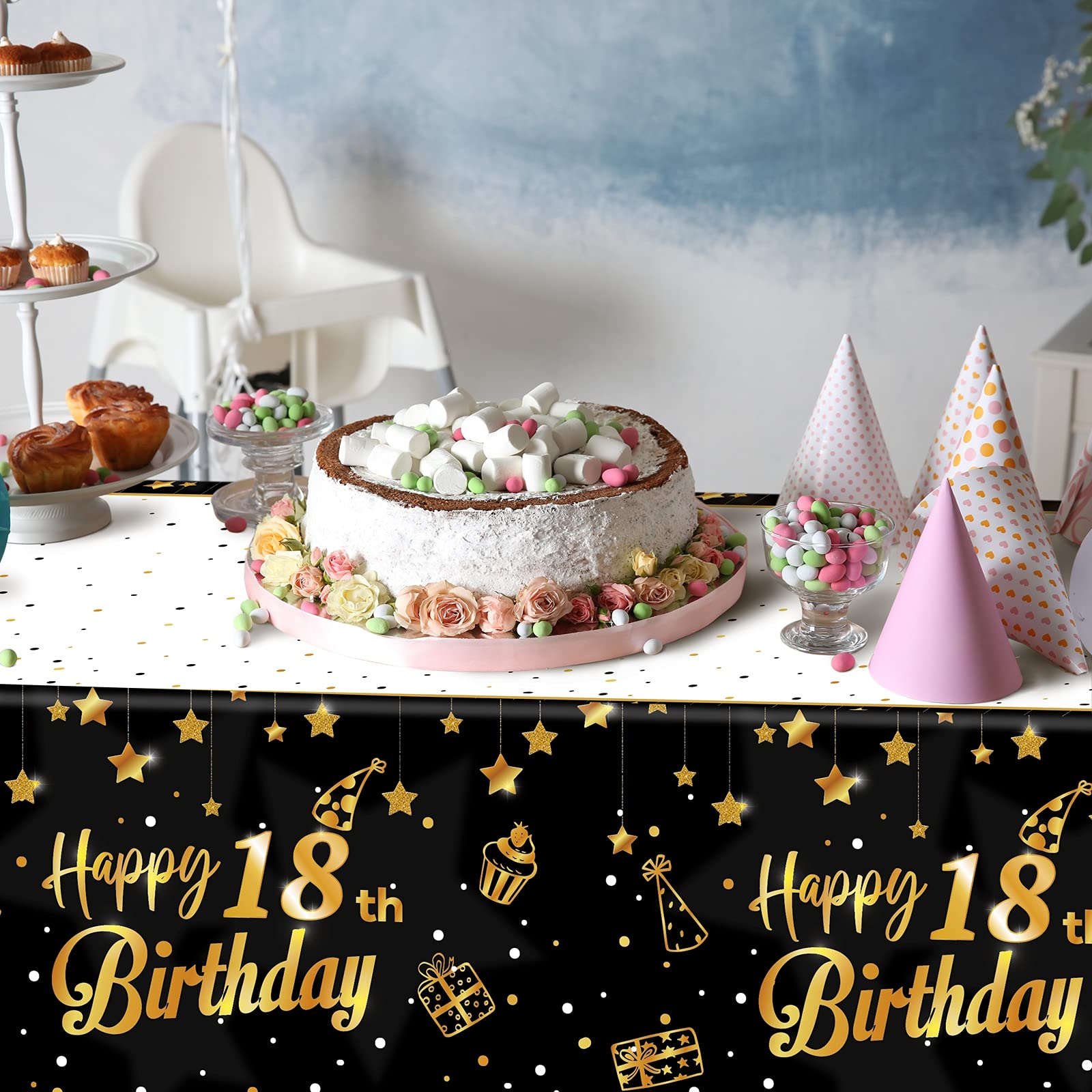 Ruisita 2 Pack Black Gold 18th Birthday Tablecloth Set - Premium Rectangular Party Table Cover for Indoor & Outdoor Celebrations, Graduations, Anniversaries & Special Events