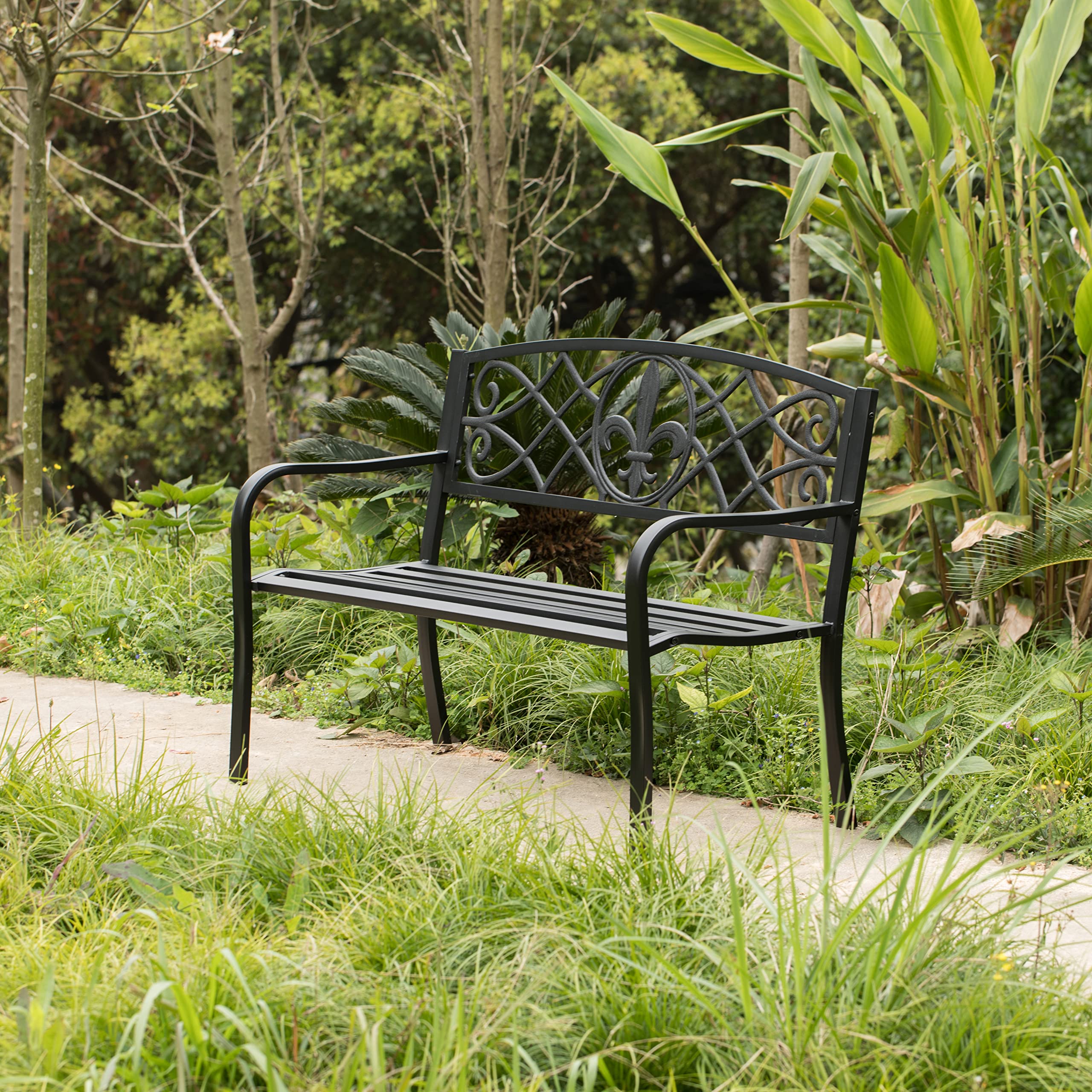 Outdoor Steel Park Bench with Cast Iron Back - Heavy Duty Garden Patio Bench for Yard, Balcony, Deck | Durable Black Seating Bench for Outdoor Relaxation, Park Decor & Backyard Lounging