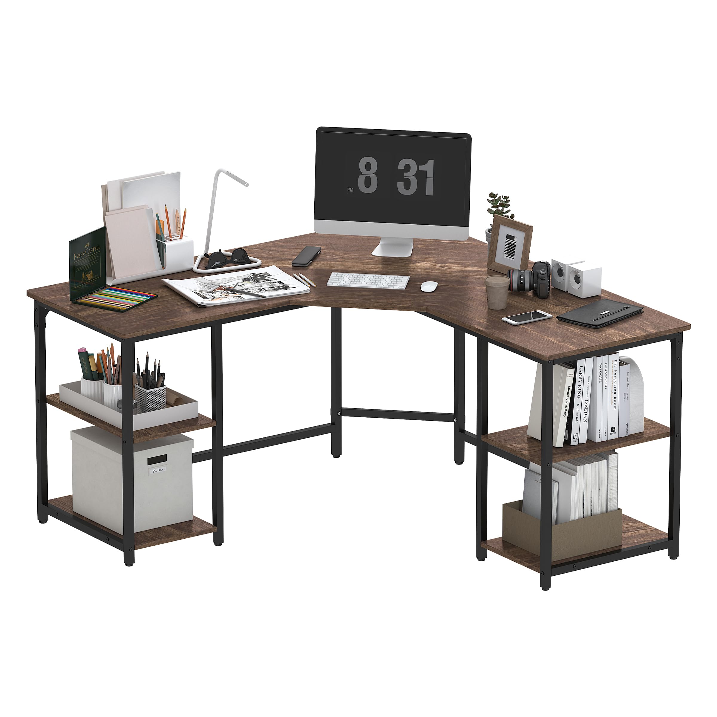 Modern L-Shaped Computer Desk with Shelves - Home Office & Gaming Corner Desk, Large Desktop Workspace (Cherry+Black Frame, Small Size with 4-Tier Storage) - Perfect for Small Spaces, Remote Work & PC Gaming Setups