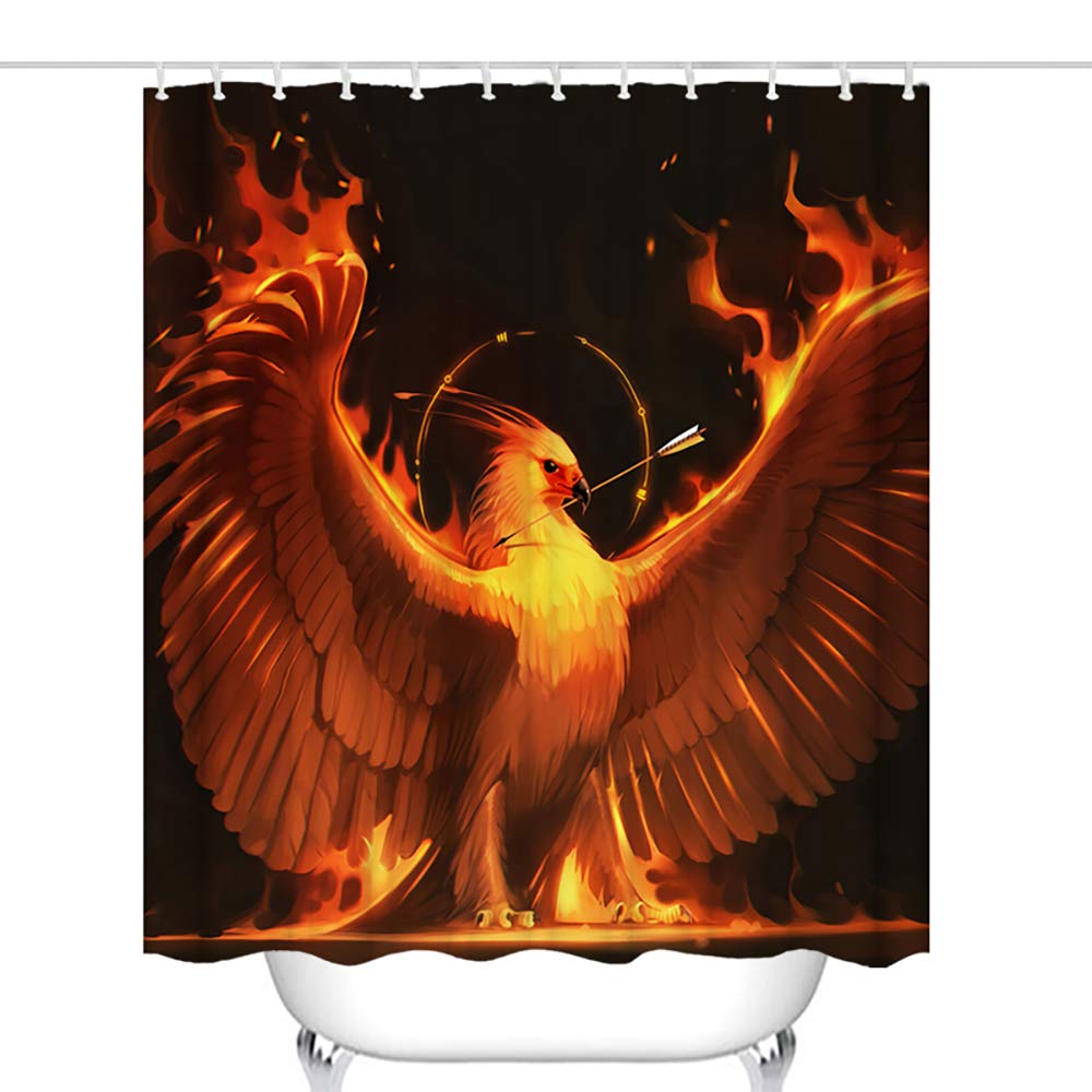 Waterproof Phoenix Fire Bird Shower Curtain Set - 72x72 Inches Gold Bathroom Decor with Hooks, Washable Fabric for Bath & Shower - Perfect for Bohemian, Gothic or Fantasy Theme Bathrooms