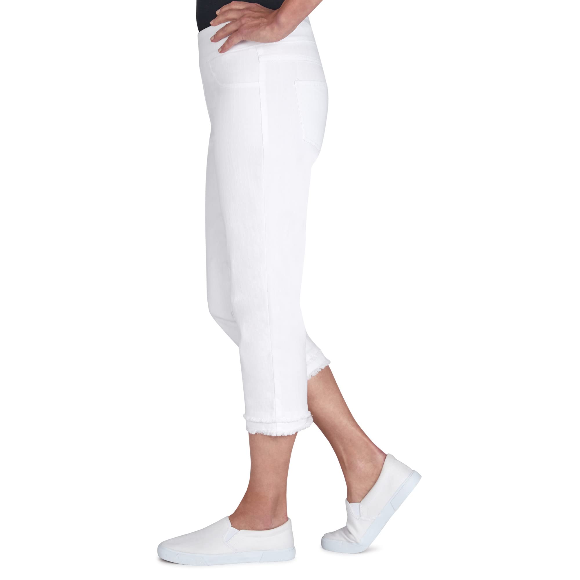 Ruby Rd. Women's Soft Stretch Flared Hem White Denim Capri Pants - Comfortable Summer Casual Wear for Beach, Shopping & Outdoor Activities