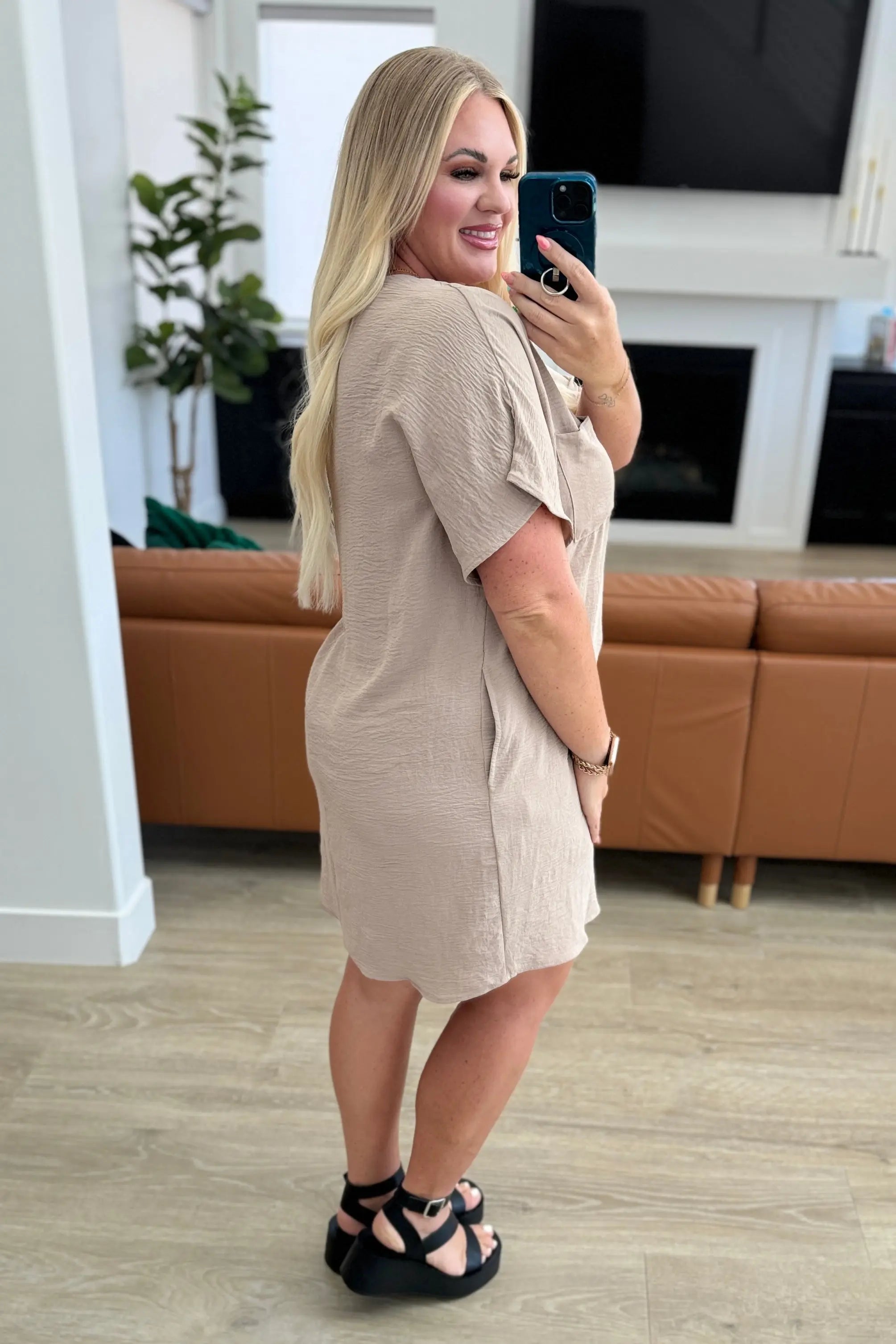 Go Go Girl V Neck T-Shirt Dress in Light Mocha - Casual Summer Dress for Women, Perfect for Beach, Shopping & Date Nights