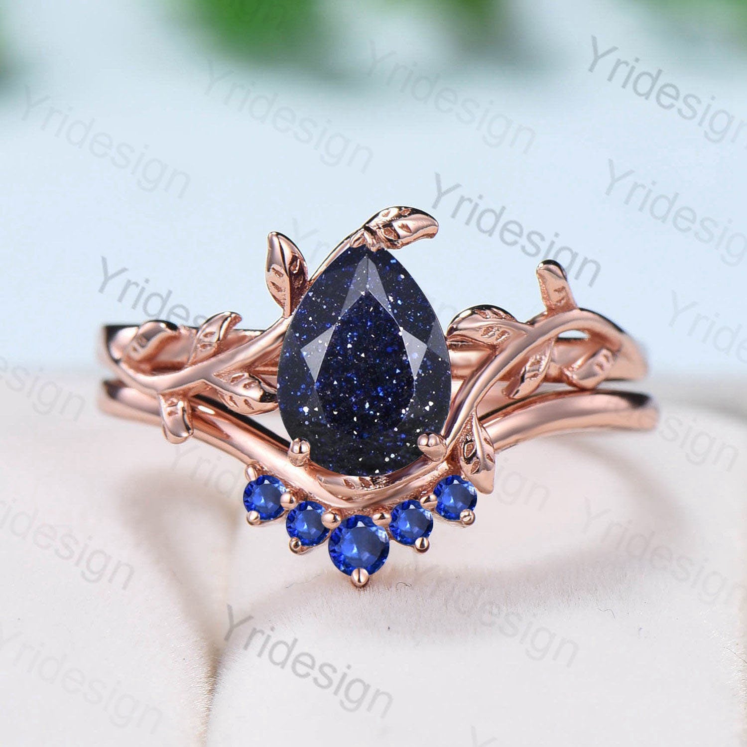 Nature Inspired Pear Shaped Blue Sandstone Engagement Rings Set - Vintage Leaf Wedding Band & Promise Ring - Blue Goldstone Proposal Gifts for Her - Perfect for Anniversaries, Valentine's Day & Romantic Occasions