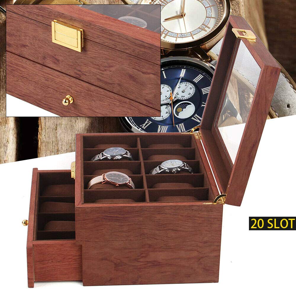 20-Slot Watch Organizer Box with Acrylic Top Lid - 2 Layer Wooden Watch Display Case for Men & Women - Perfect for Watch Collection Storage, Travel, and Gift Giving (Rosewood)