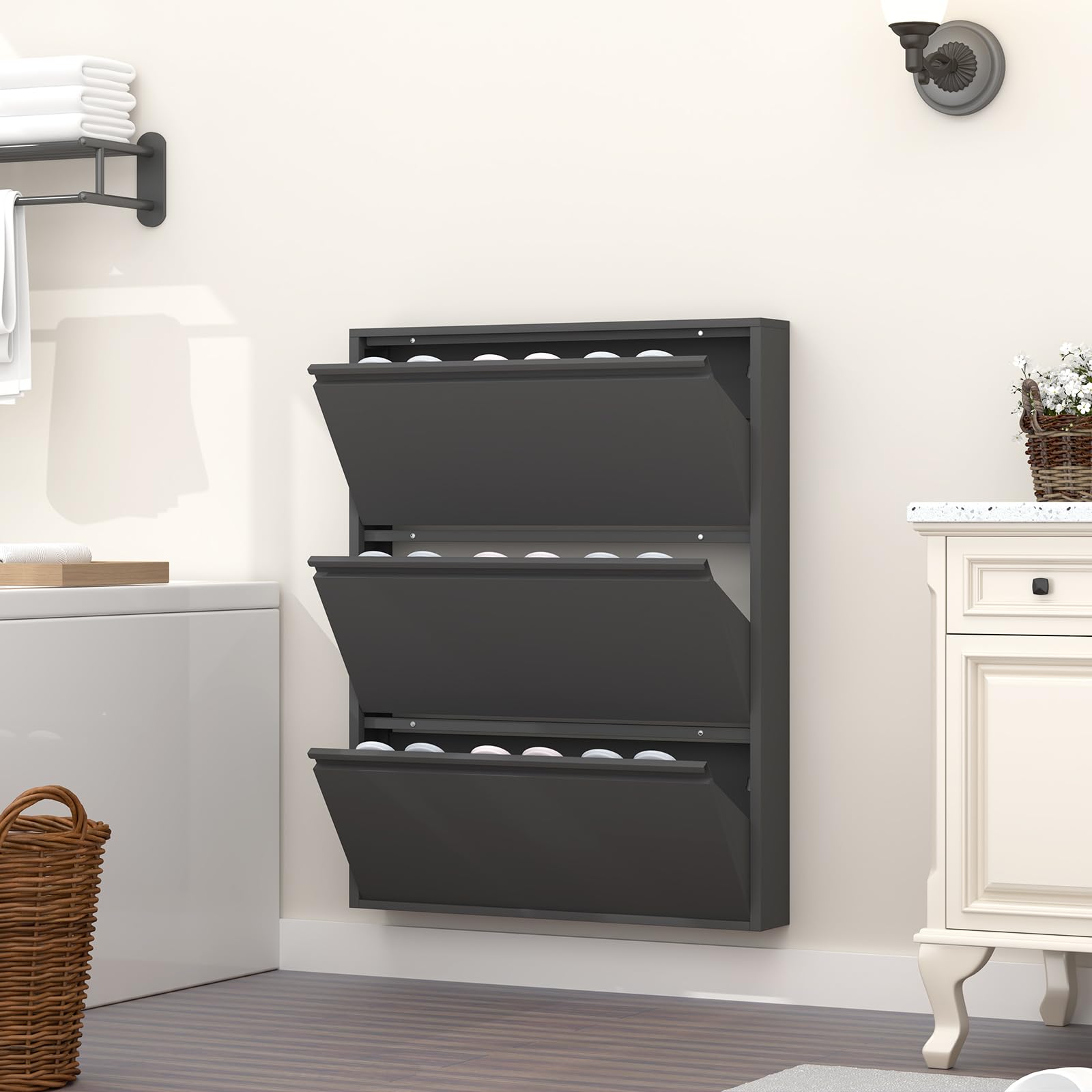 GREATMEET 3-Tier Wall Mounted Shoe Storage Cabinet with Flip Drawers - Space Saving Narrow Entryway Shoe Organizer for Closet, Hallway & Bedroom - Black Slim Shoe Rack for Small Spaces
