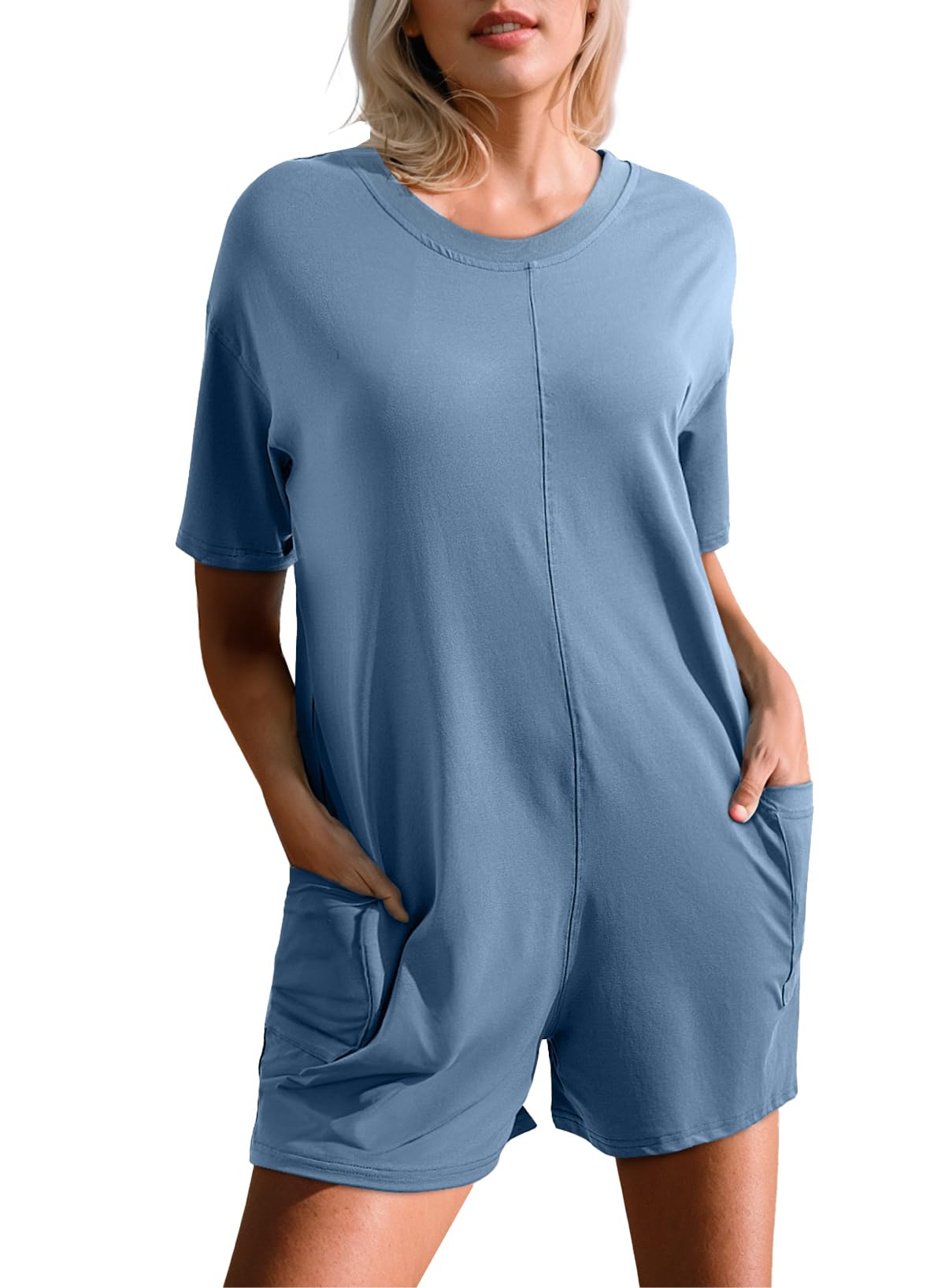 Happy Sailed Women's Casual Loose Crewneck Romper Jumpsuit with Pockets - Summer Beach Outfit, Vacation Wear & Everyday Comfort