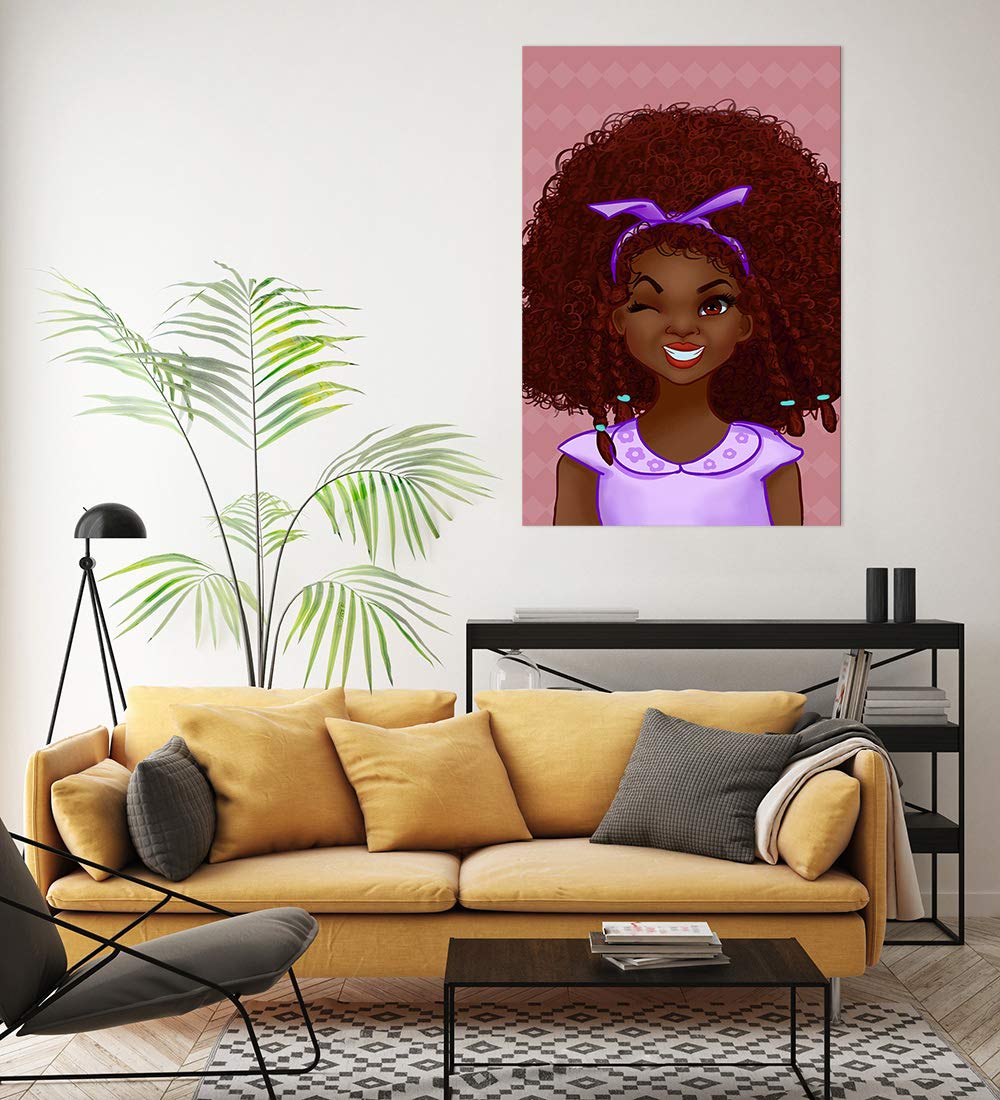 African American Kids Wall Art - Large 1 Panel Black Girl Pink & Grey Painting - Framed Ready to Hang Wall Decor for Living Room & Girls Bedroom - Unique Hippie Style Gift for Home & Office Decor