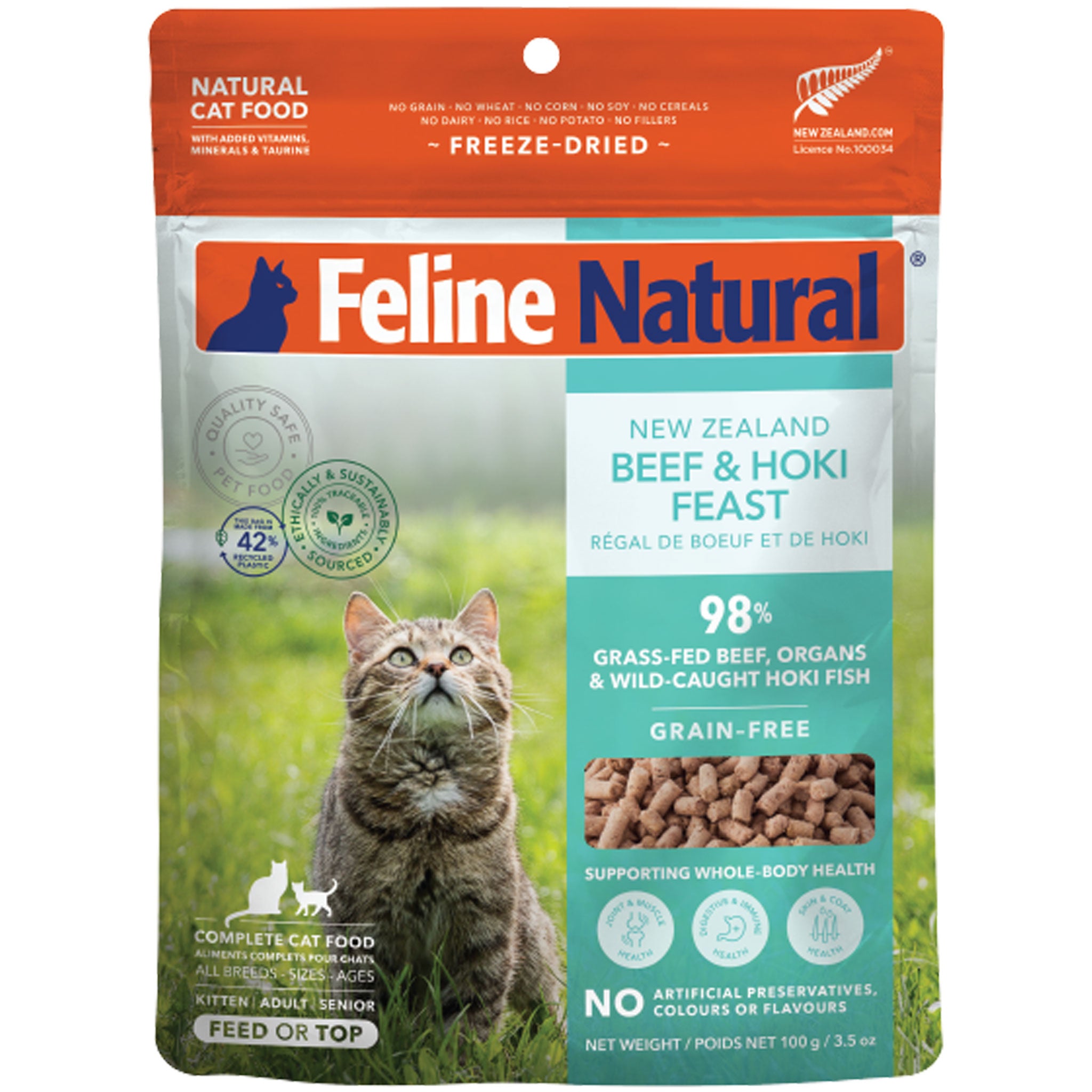 Feline Natural Freeze Dried Cat Food - Grain-Free Beef & Hoki Recipe for Adult Cats - High Protein Raw Cat Treats for Indoor & Outdoor Cats - Perfect for Training, Travel & Mealtime Toppers