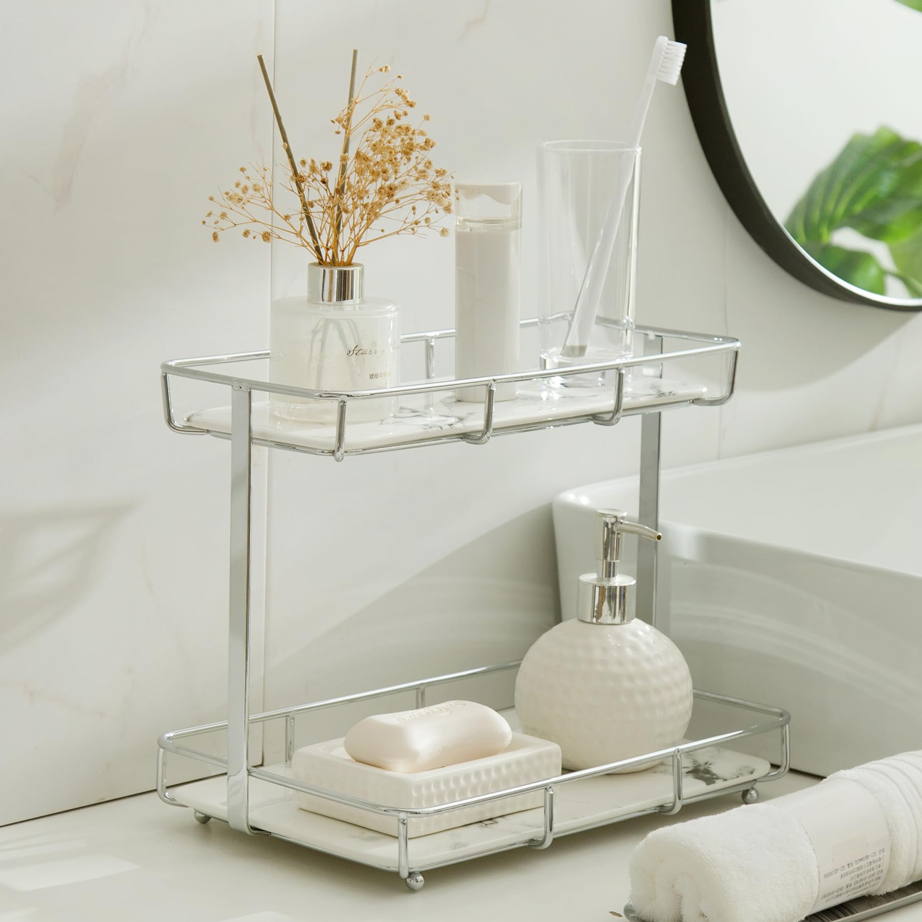 Stainless Steel Gold Makeup Organizer with White Marble Tray - Bathroom Countertop Perfume & Cosmetics Storage Display Rack - Vanity Tray for Dresser (L-Silver) | Perfect for Bedroom, Bathroom & Vanity Table Organization