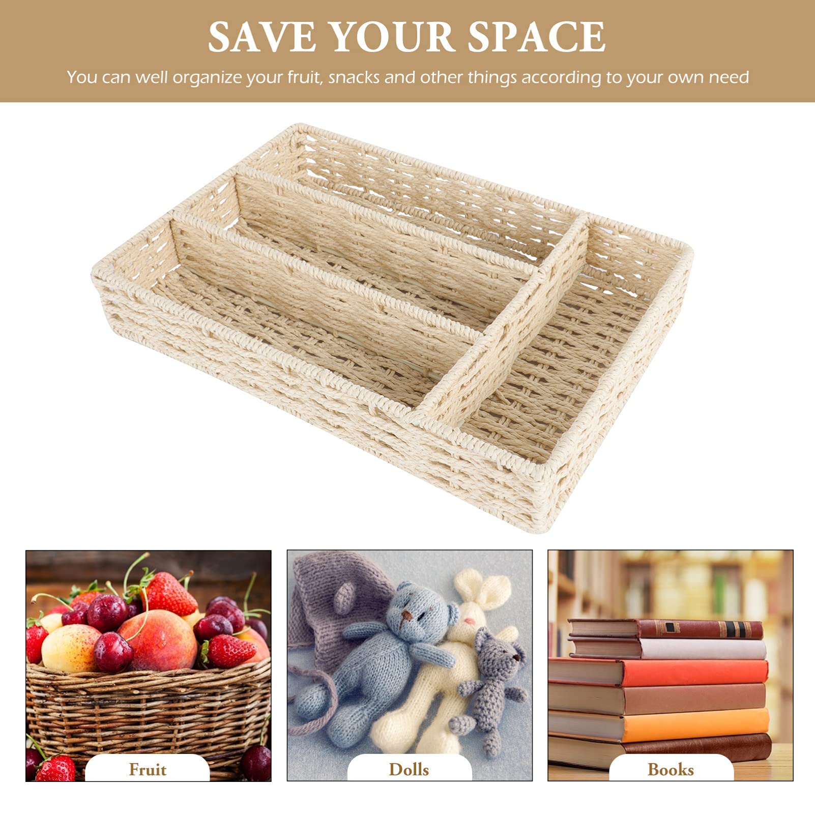 DOITOOL Natural Wicker Kitchen Utensil Drawer Organizer with Dividers, Rattan Flatware Basket for Cutlery Storage, Perfect for Kitchen Drawers and Dining Table Serving