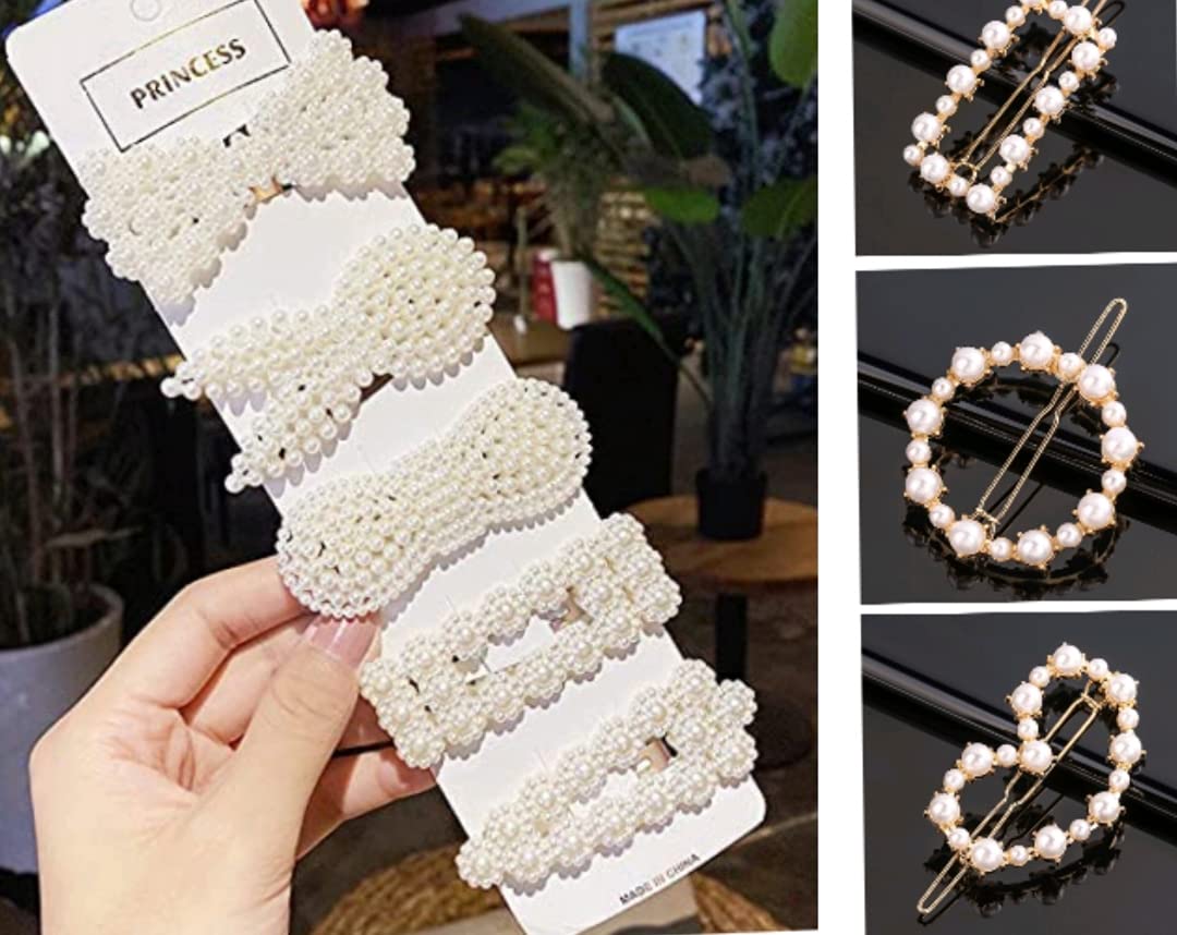 HOMEMATES 8 Pcs Pearl Hair Clips for Women - Rhinestone Crystal Letter Hair Pins for Girls & Women, Golden Crystal Hair Clips, Fancy Jewelry Hair Accessories for Parties, Weddings & Everyday Style