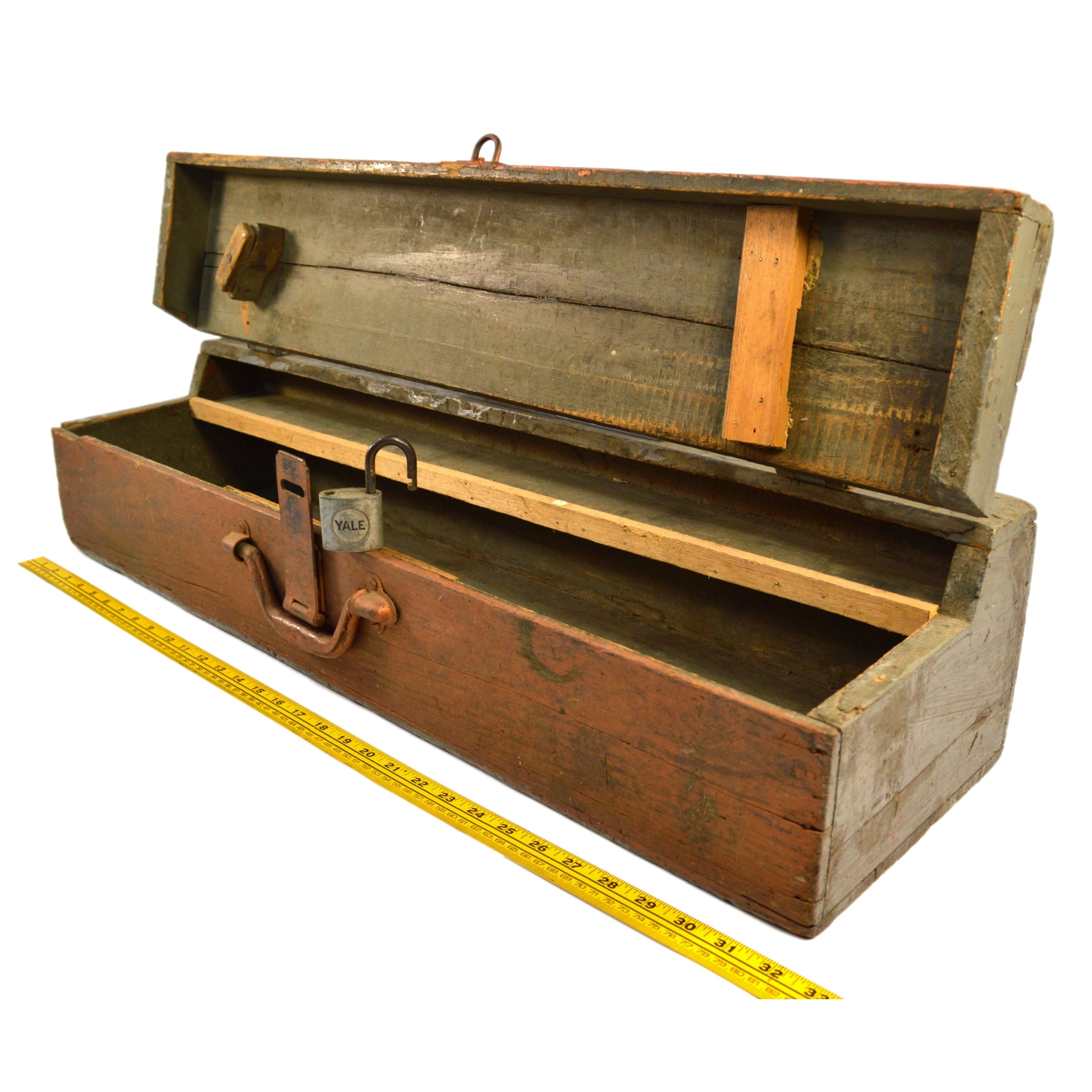 Antique Homemade Carpenter's Tool Box with Vintage Saw & Bonus Yale Padlock - Rustic Wooden Chest for DIY Projects, Workshop Storage & Farmhouse Decor