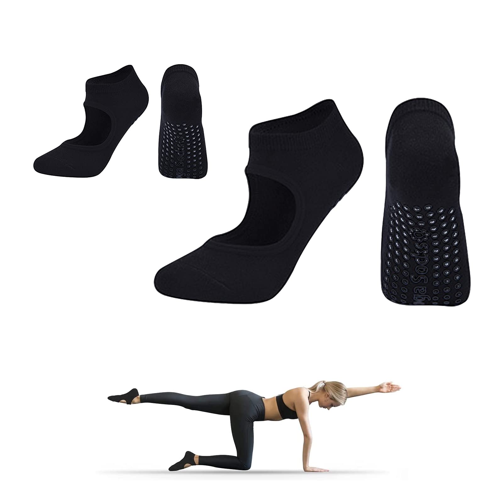WishLotus Non-Slip Yoga Socks for Women - 2 Pairs Anti-Skid Pilates & Workout Socks with Grip - Perfect for Yoga, Barre, Dance & Home Fitness