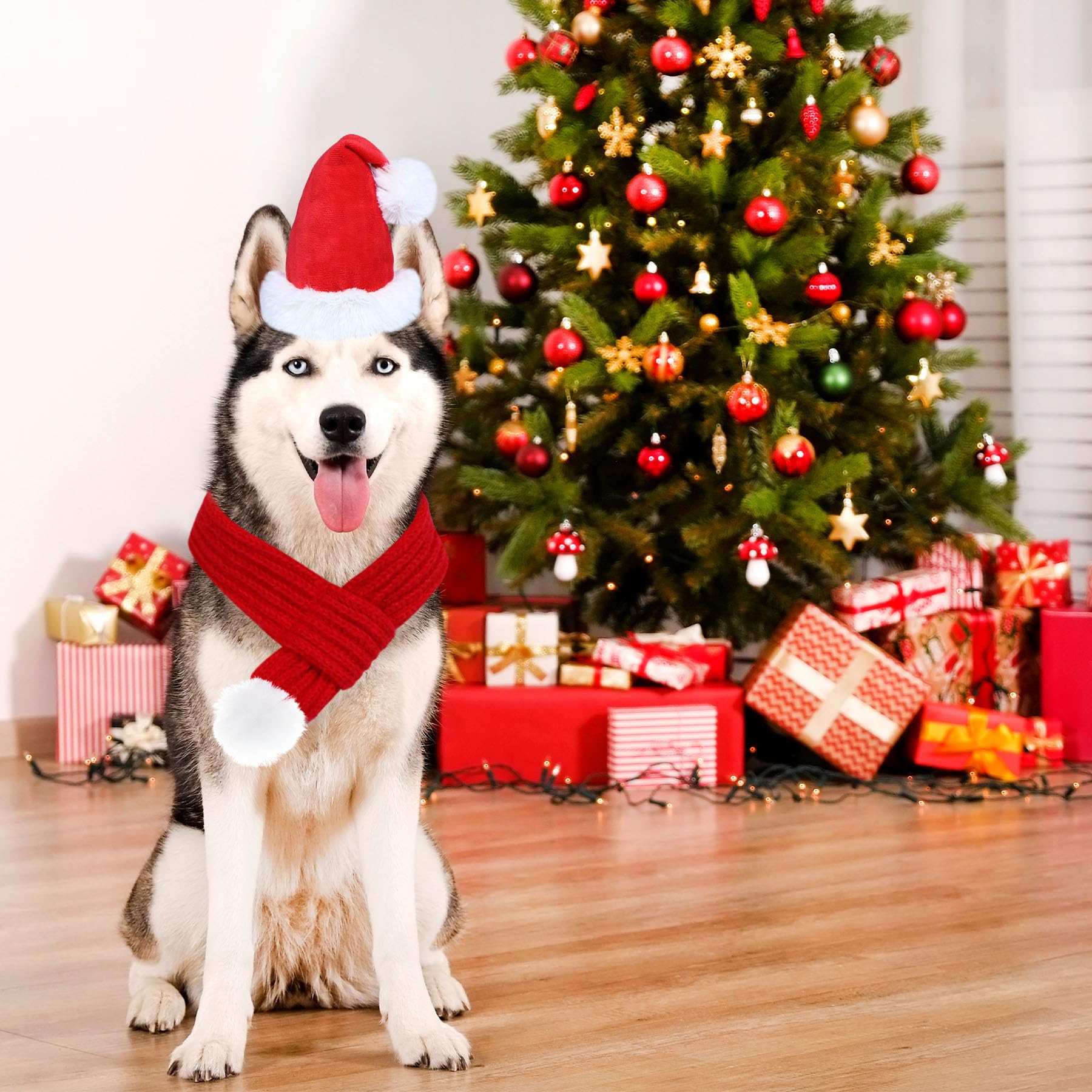 Dog Christmas Outfit - Adjustable Knitted Santa Hat & Scarf Set with Pompom Ball for Small to X-Large Dogs | Festive Holiday Pet Costume for Christmas Photos & Parties