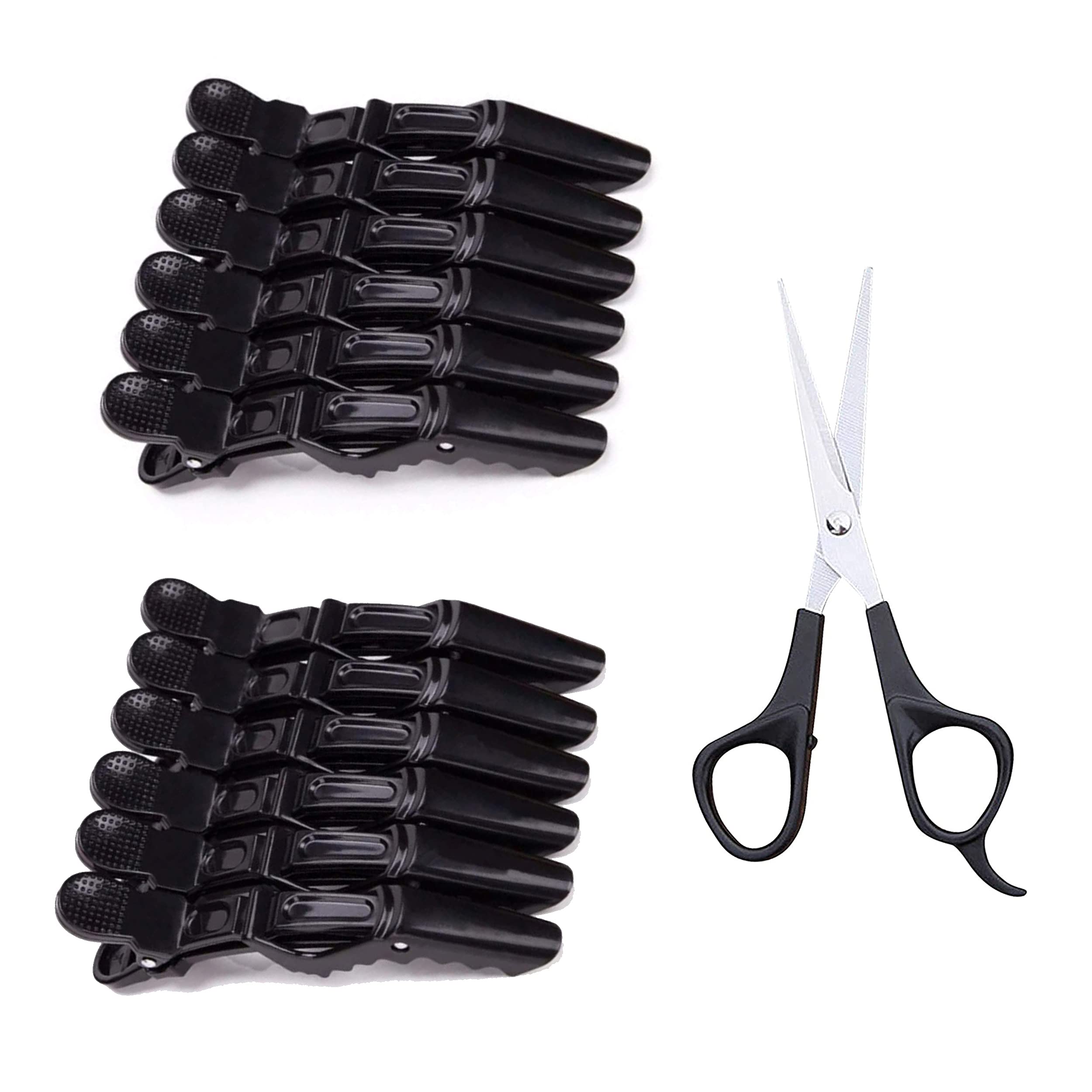 Proxoto 12-Piece Black Hair Sectioning Crocodile Clips with Free Scissors for Hair Cutting - Professional Salon & Barber Combo Set (13 Pieces) - Perfect for Styling, Coloring & Hairdressing at Home or Salon