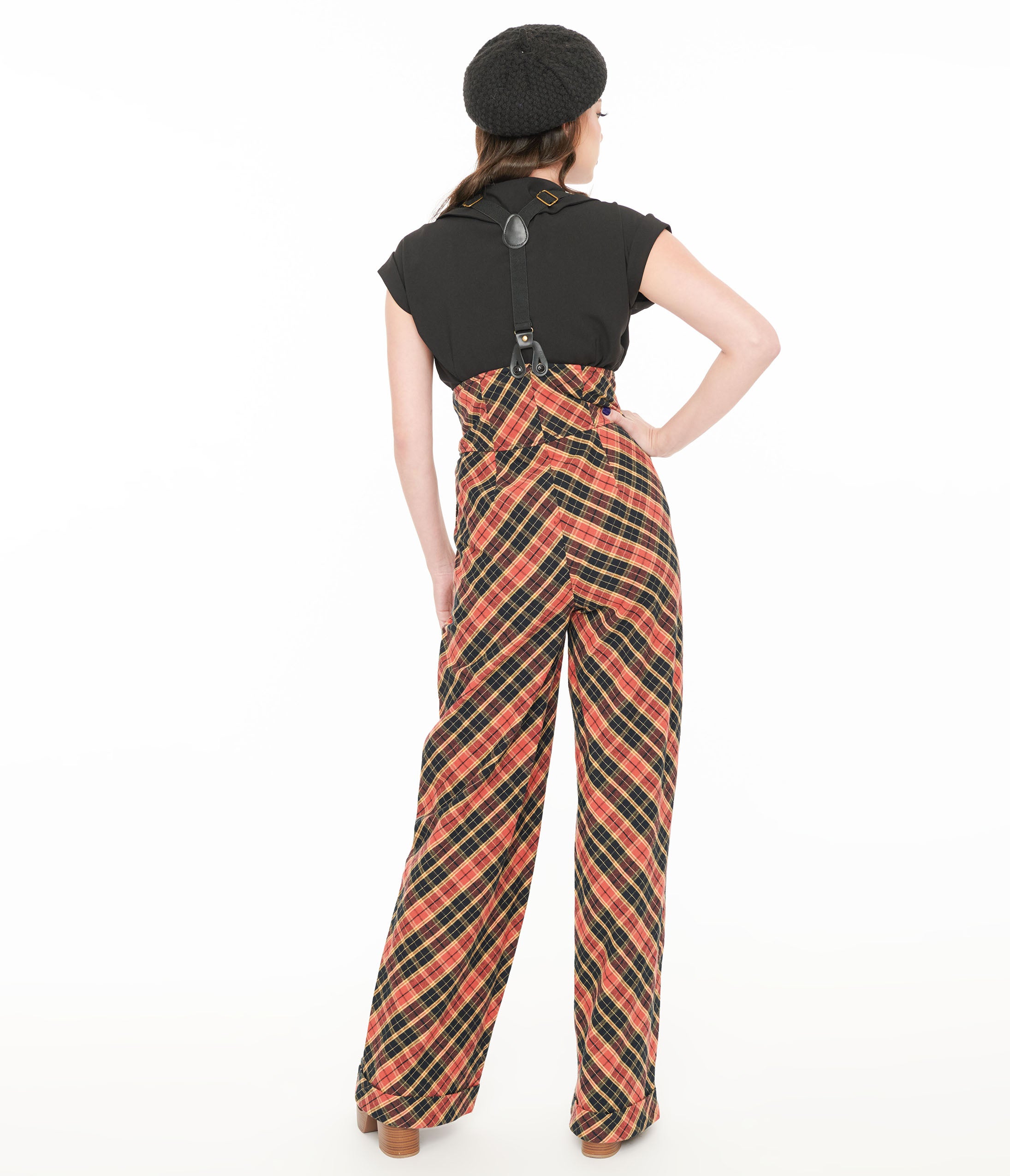 Vintage 1930s Thelma High Waist Suspender Pants - Black & Rust Plaid Retro Style for Women | Perfect for Cosplay, Steampunk, and Vintage Fashion Outfits