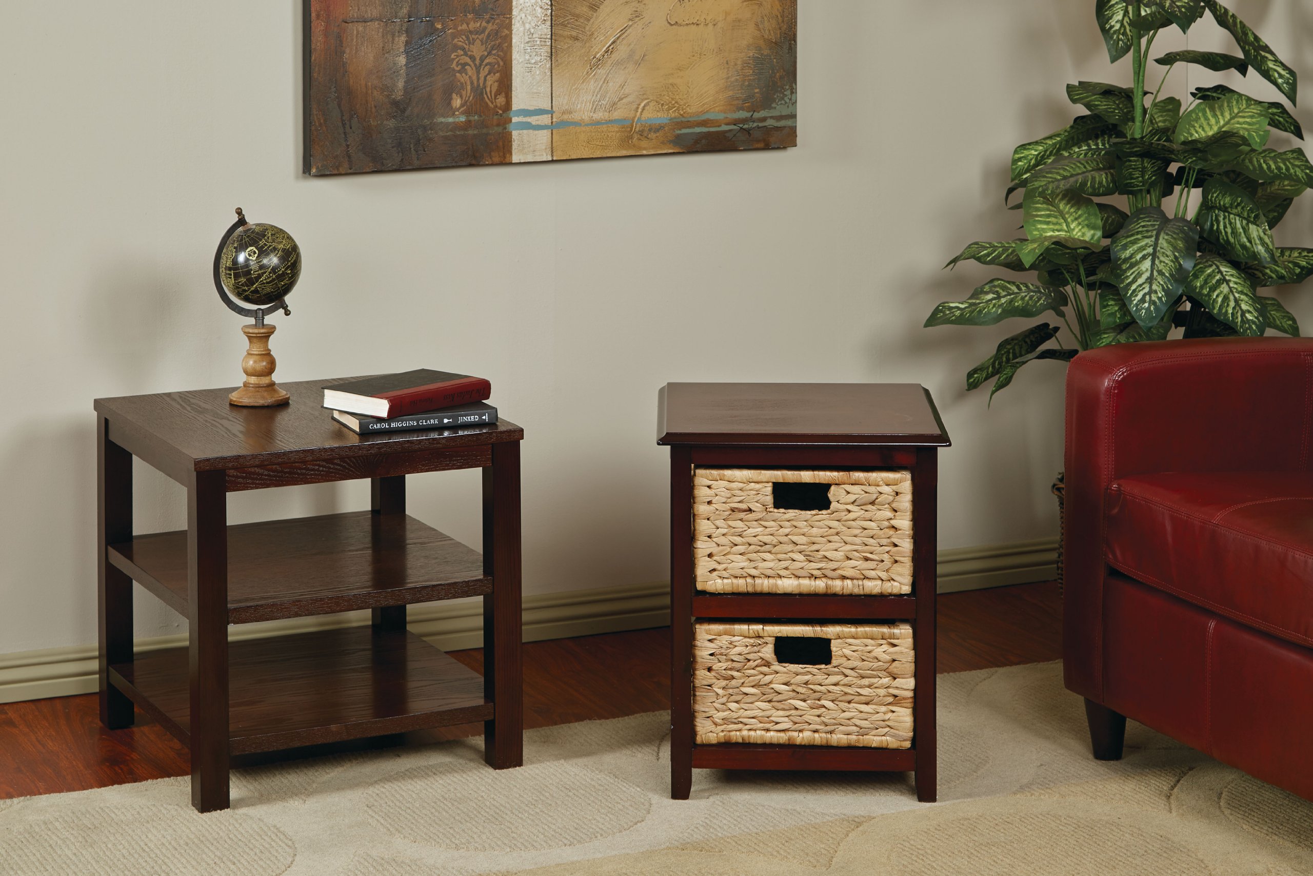 OSP Home Furnishings Seabrook 2-Drawer Storage Tower with Solid Wood Frame & Natural Woven Baskets - Espresso Finish for Bedroom, Living Room or Office Organization
