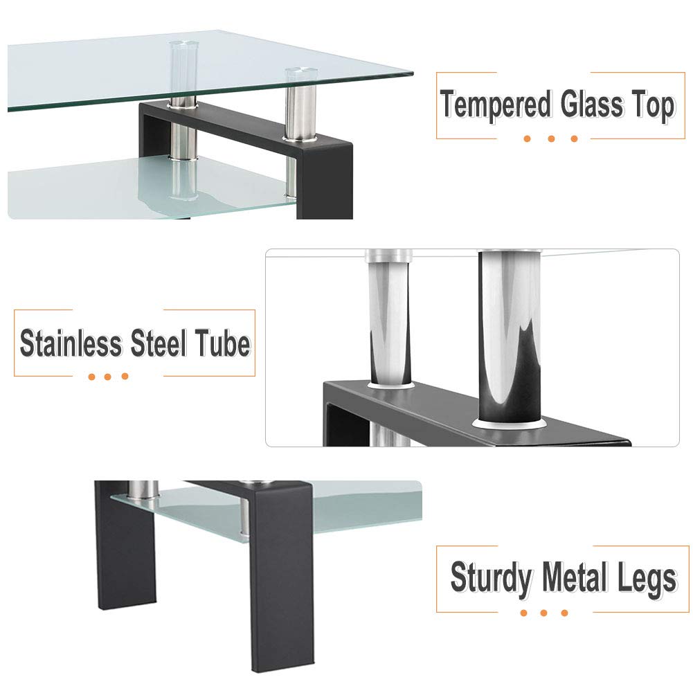 Modern Glass Coffee Table with Metal Legs - 2-Tier Clear Tempered Glass Living Room Table, Cocktail & Tea Table for Home Decor, Living Room Furniture - Perfect for Small Spaces, Apartments & Lounge Areas