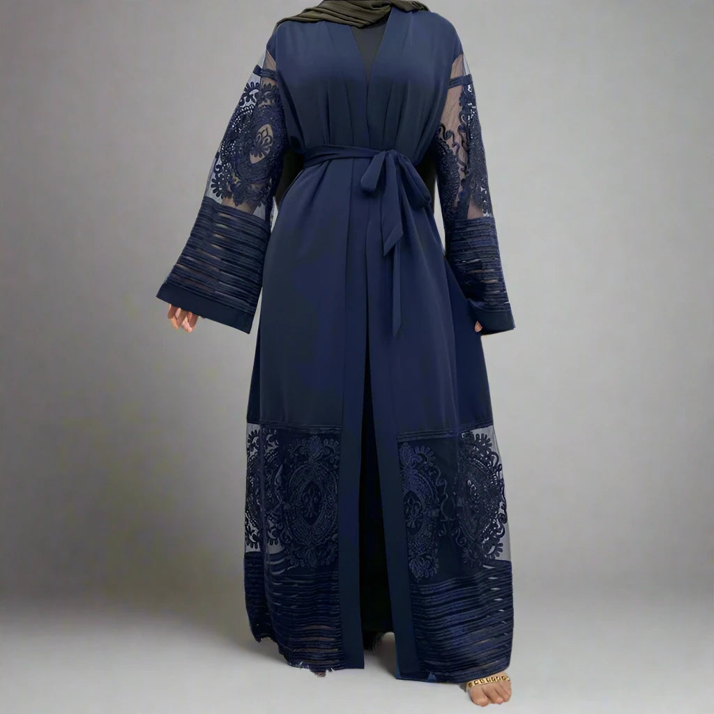 Elegant Muslim Women's Mesh Embroidery Cardigan Open Abaya Dress - Modest Islamic Fashion for Prayer, Mosque & Special Occasions