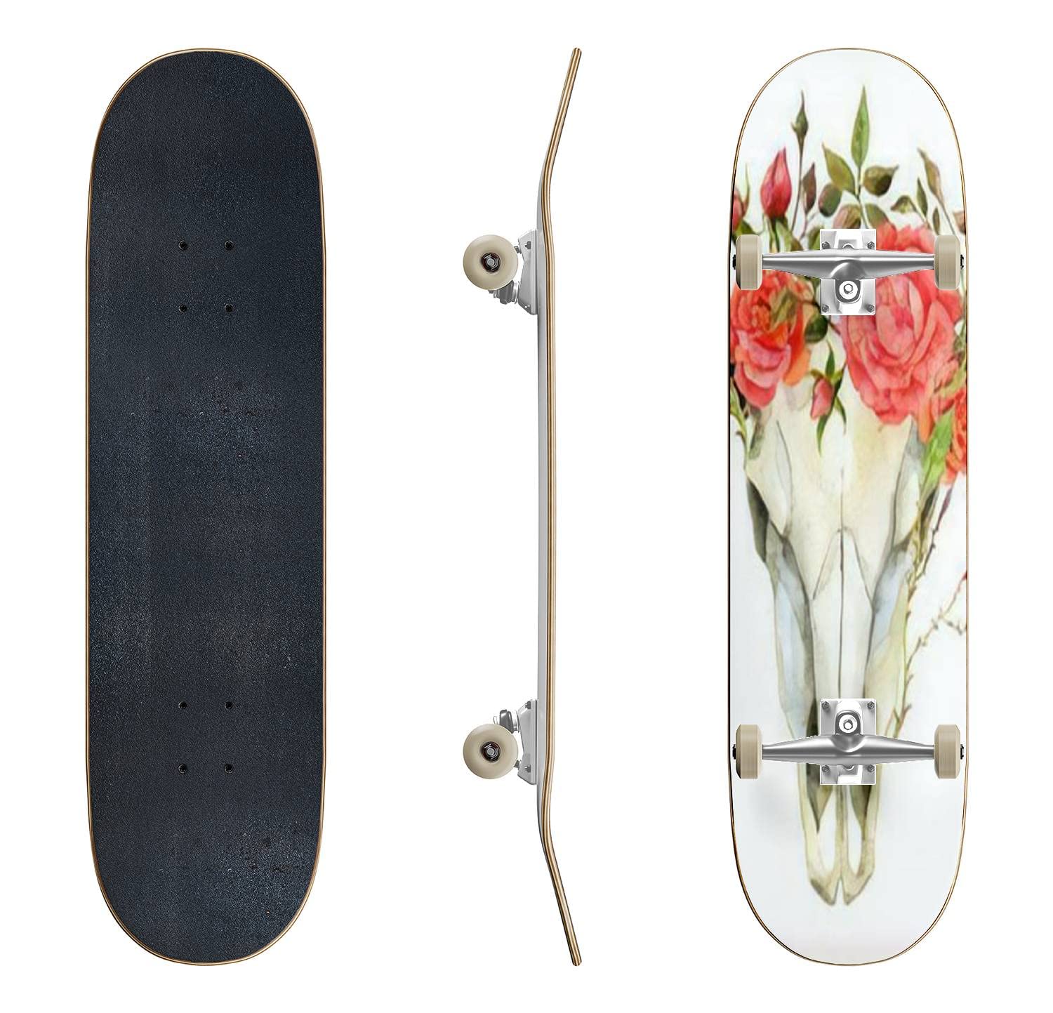 Snake & Rose Design Classic Concave Skateboard - Professional & Beginner Longboard for Extreme Sports | Cool Teen Gifts for Skateboarding, Street Style & Urban Commuting