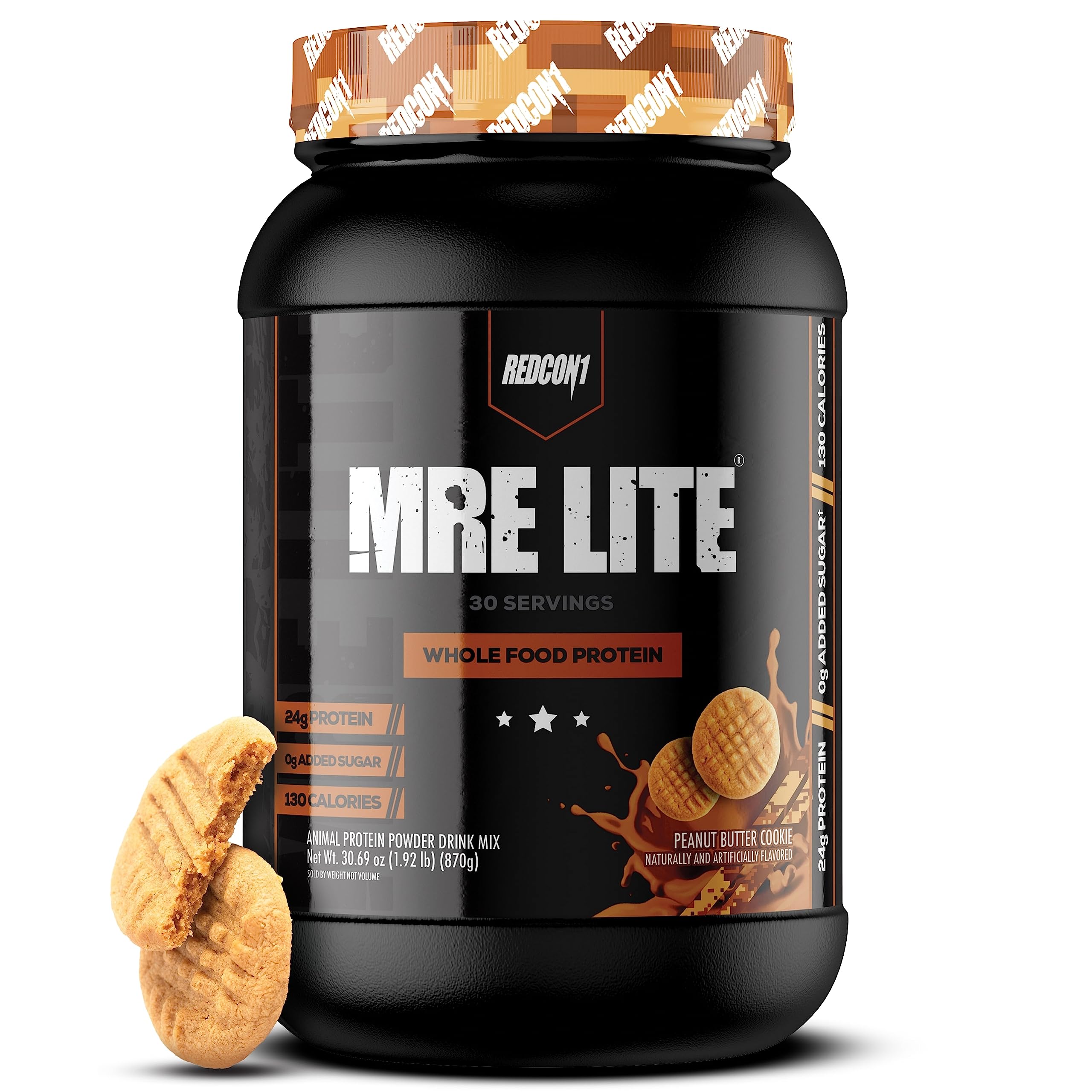 REDCON1 MRE Lite Whole Food Protein Powder - Peanut Butter Cookie Flavor | Low Carb Whey-Free Meal Replacement with Animal Protein Blends | Easy Digest MCT Oil Supplement (30 Servings) for Post-Workout Recovery & Healthy Weight Management