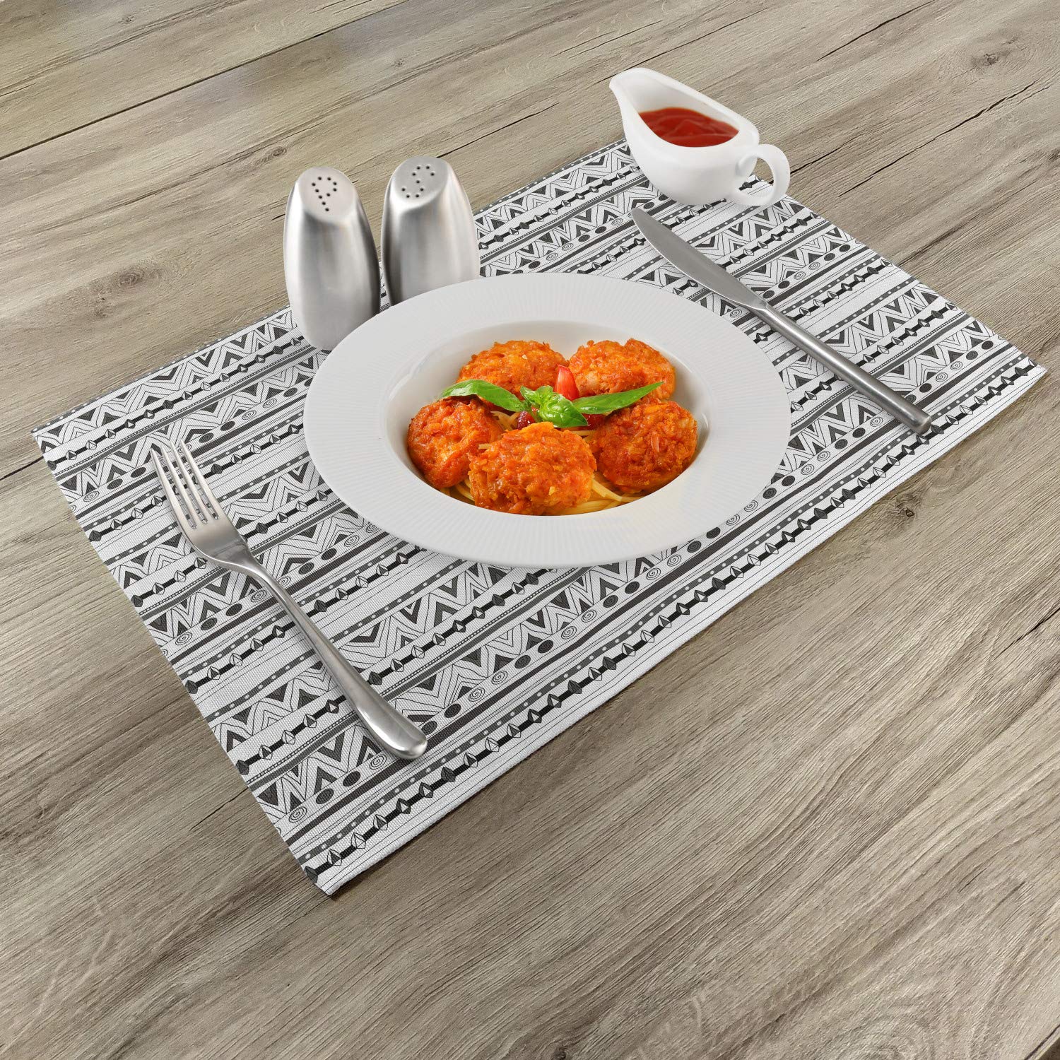 Ambesonne Tribal Placemats Set of 4 - Aztec Geometric Pattern with Circles & Triangles - Washable Fabric Dining Table Mats - Standard Size Charcoal Grey & White - Perfect for Boho Home Decor, Dinner Parties & Kitchen Table Settings