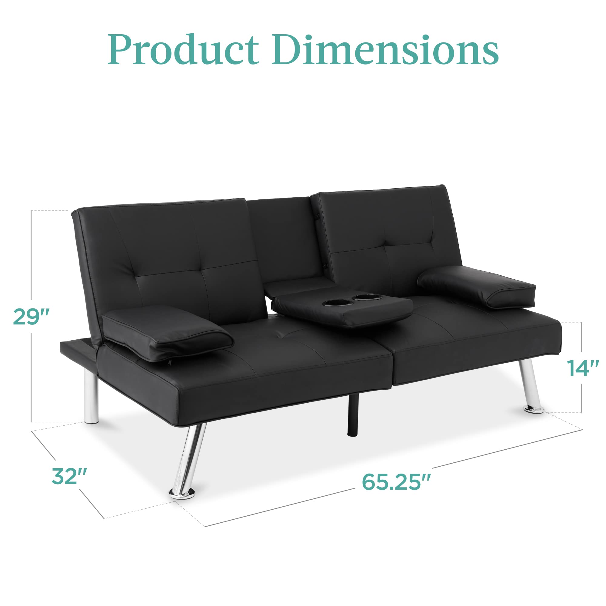 Best Choice Products Faux Leather Convertible Futon Sofa Bed - Adjustable Folding Guest Bed with Removable Armrests - Modern Upholstered Sleeper for Small Spaces, Apartments & Home Office - Black