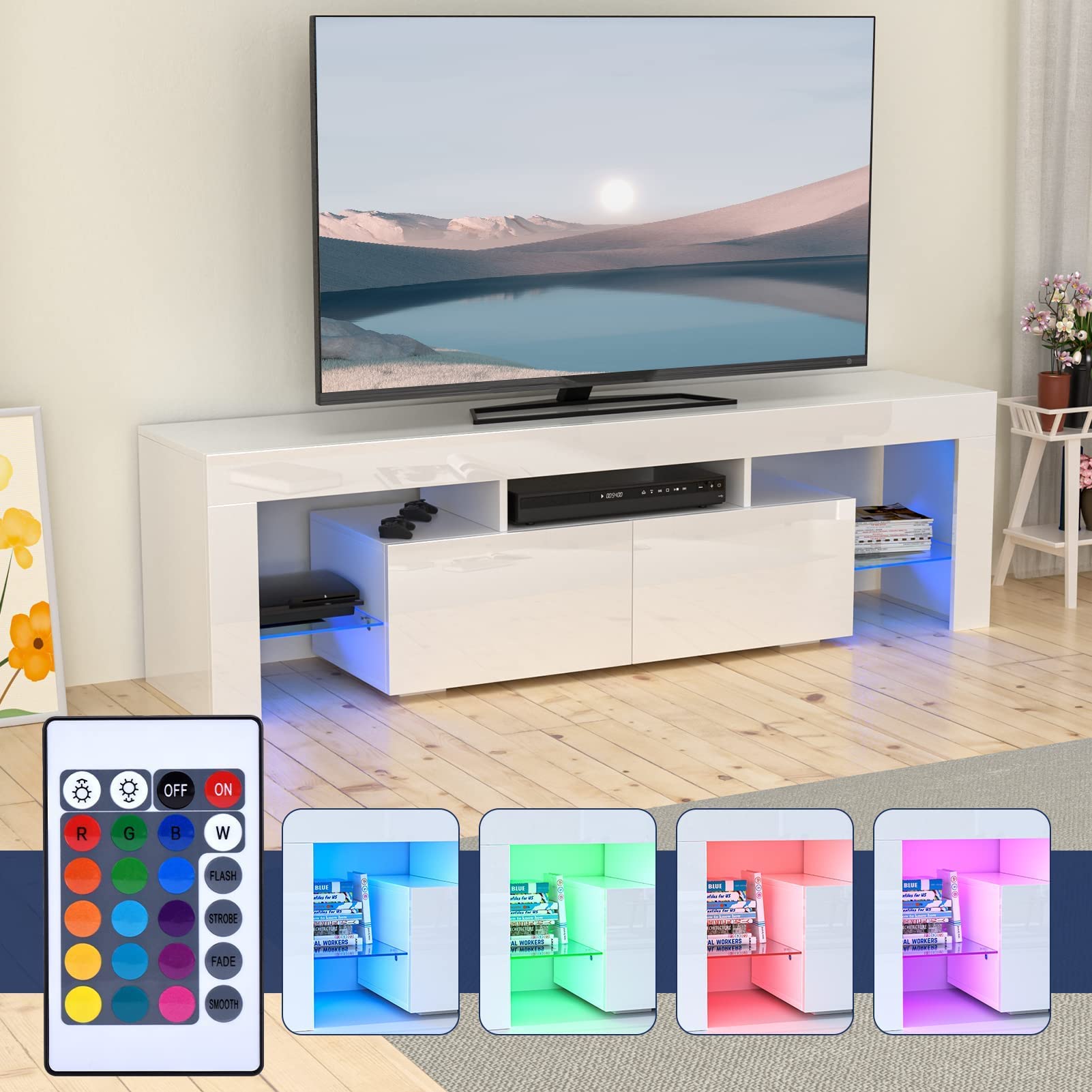 Modern RGB LED TV Stand for 60 65 70 Inch TVs - High Glossy Entertainment Center with Storage Shelves - Media Console for Living Room, Game Room & Bedroom (63