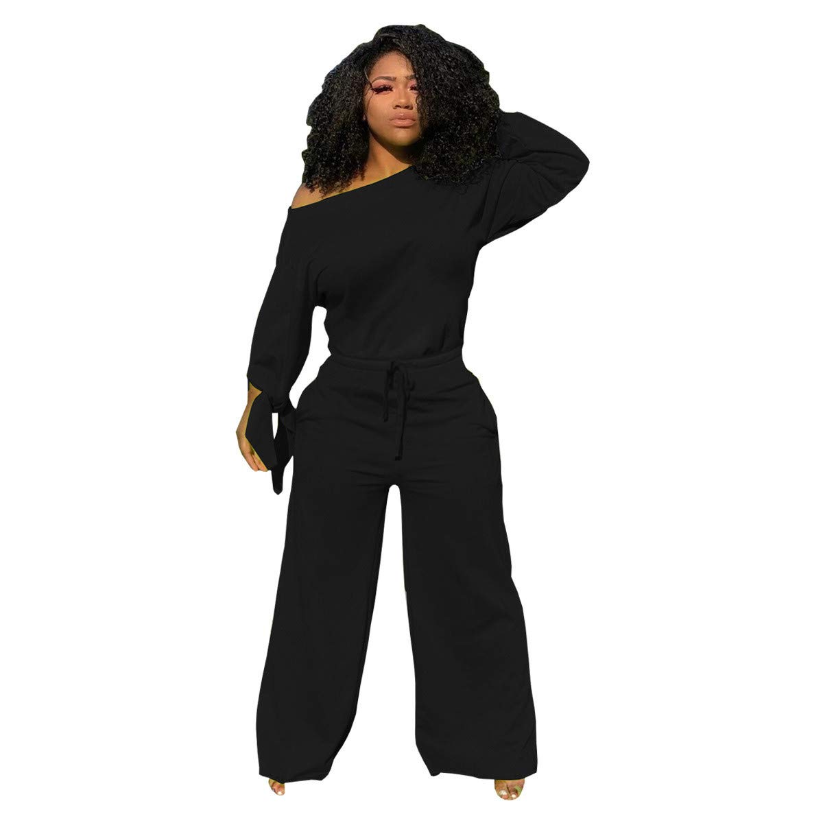 Tlzadwei Women's Fashion Jumpsuit - Solid Color O-Neck Long Sleeve Wide Leg with Waist Tie | Casual & Party Outfit for Women | Perfect for Work, Date Night and Special Occasions