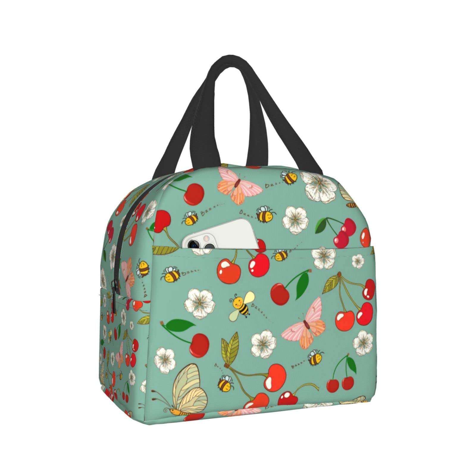 Reusable Insulated Lunch Bag for Women & Men - Cute Cherry Butterfly Design, Eco-Friendly Lunch Box for Work, School & Picnics