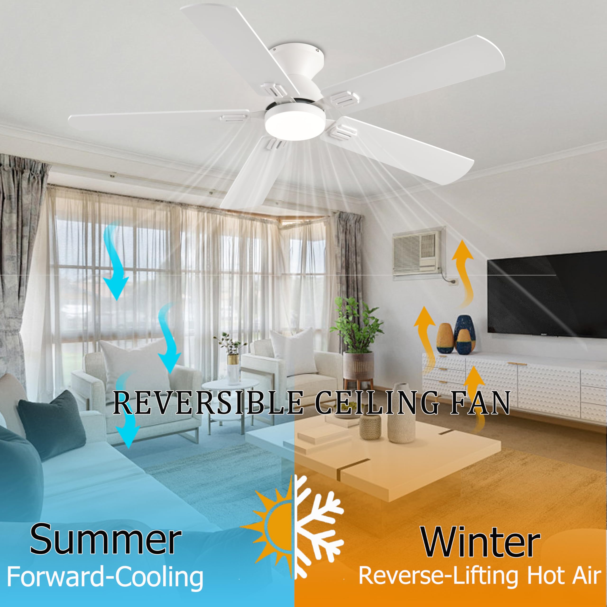 52 Inch White Low Profile Ceiling Fan with Lights, Remote Control & Smart App - Dual-Sided Blades, 3CCT Dimmable LED, Ultra Quiet Flush Mount - Perfect for Bedroom, Living Room, Patio and Indoor/Outdoor Spaces