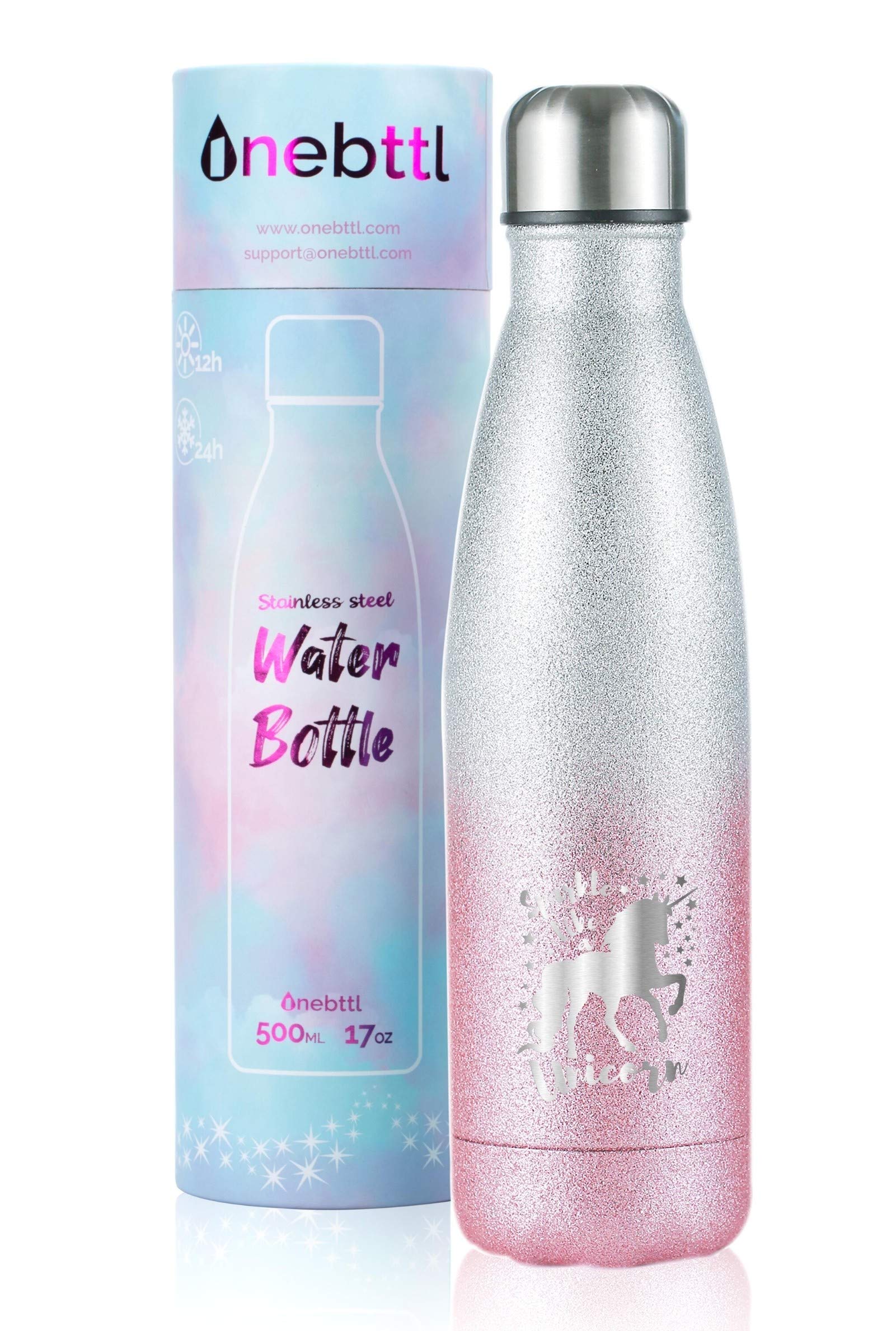 Onebttl Unicorn Stainless Steel Water Bottle 17oz/500ml - Double Wall Vacuum Insulated Kids Thermo Bottle with Glitter Pink Sparkle Design - Perfect for Unicorn Birthday Parties, School, Sports & Outdoor Activities