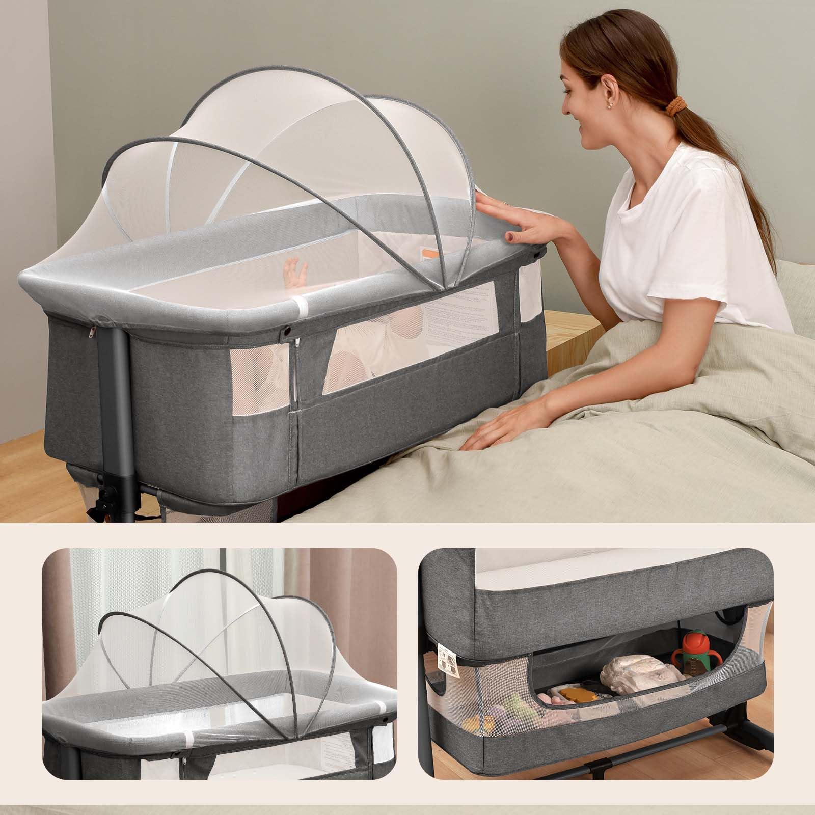 3-in-1 Adjustable Portable Baby Crib & Bassinet - Convertible Bedside Sleeper for Newborns & Infants (Grey) | Nursery, Travel & Co-Sleeping Essential