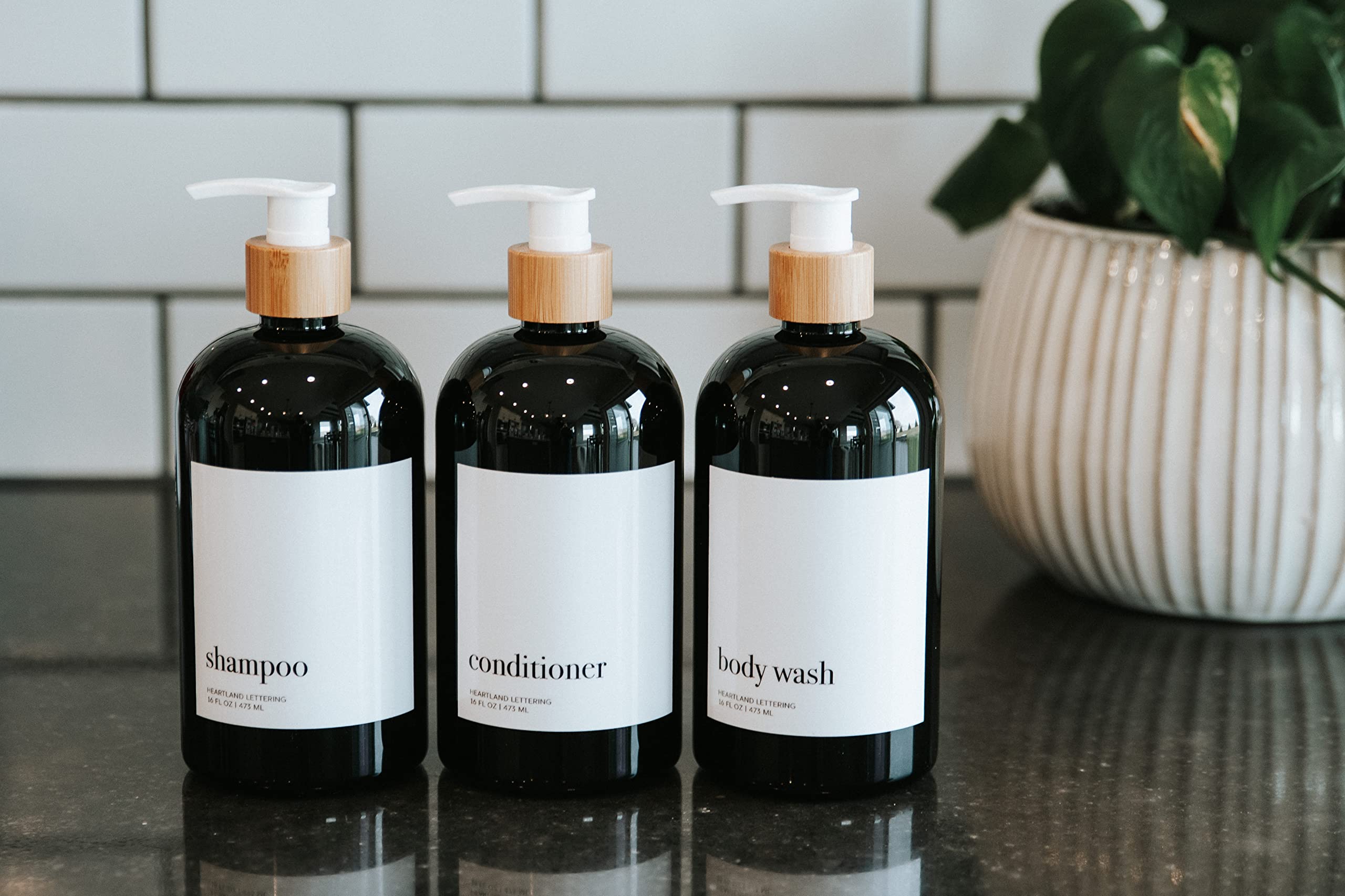 Bamboo Shampoo and Conditioner Dispenser Bottles Set of 3 - 16oz Black Plastic Pump Bottles for Shampoo, Conditioner & Body Wash | Perfect for Bathroom, Shower & Salon Organization