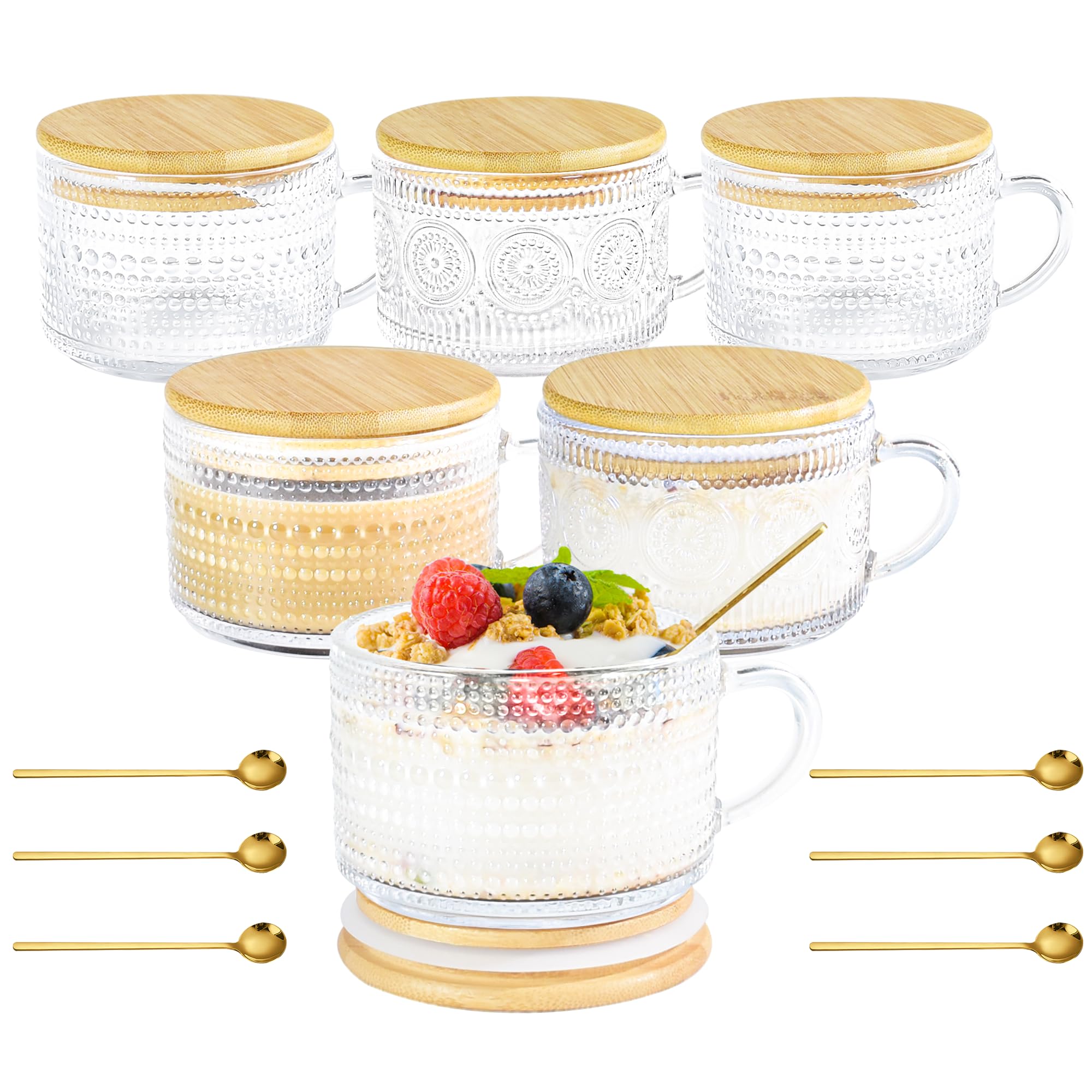 14oz Vintage Glass Mugs Set of 6 with Bamboo Lids & Spoons - Reusable Overnight Oats Containers for Coffee, Latte, Cereal, Yogurt - Perfect for Home, Office, Camping & Gifts (6 Mixed Patterns with Sealing Ring)