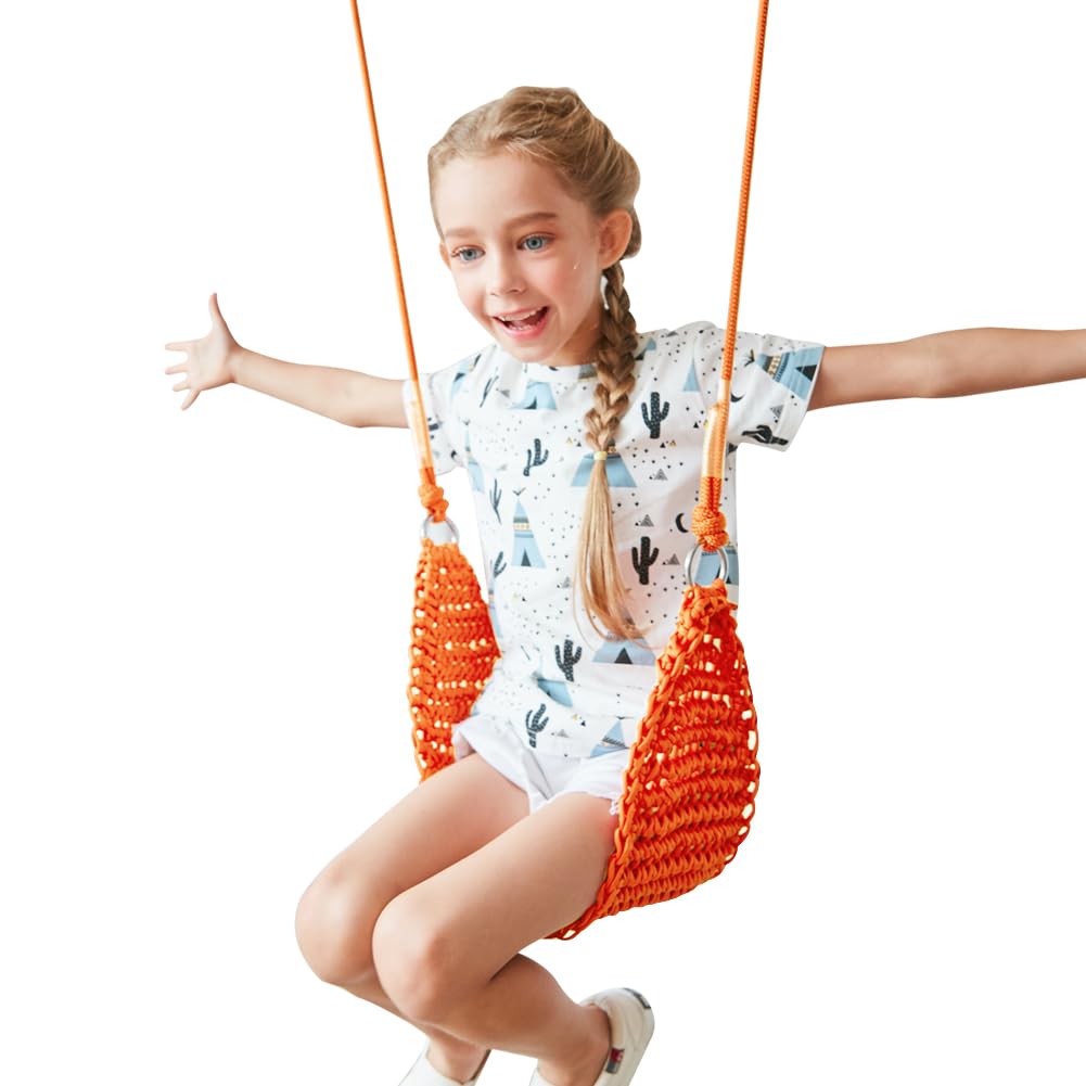 Kids Hand-Knitted Swing Seat - Indoor/Outdoor Portable Tree Swing with Adjustable Ropes, Hanging Strap & Snap Hook - Perfect for Camping, Hiking, Backyard Playset & Playroom - Easy Installation (Orange)