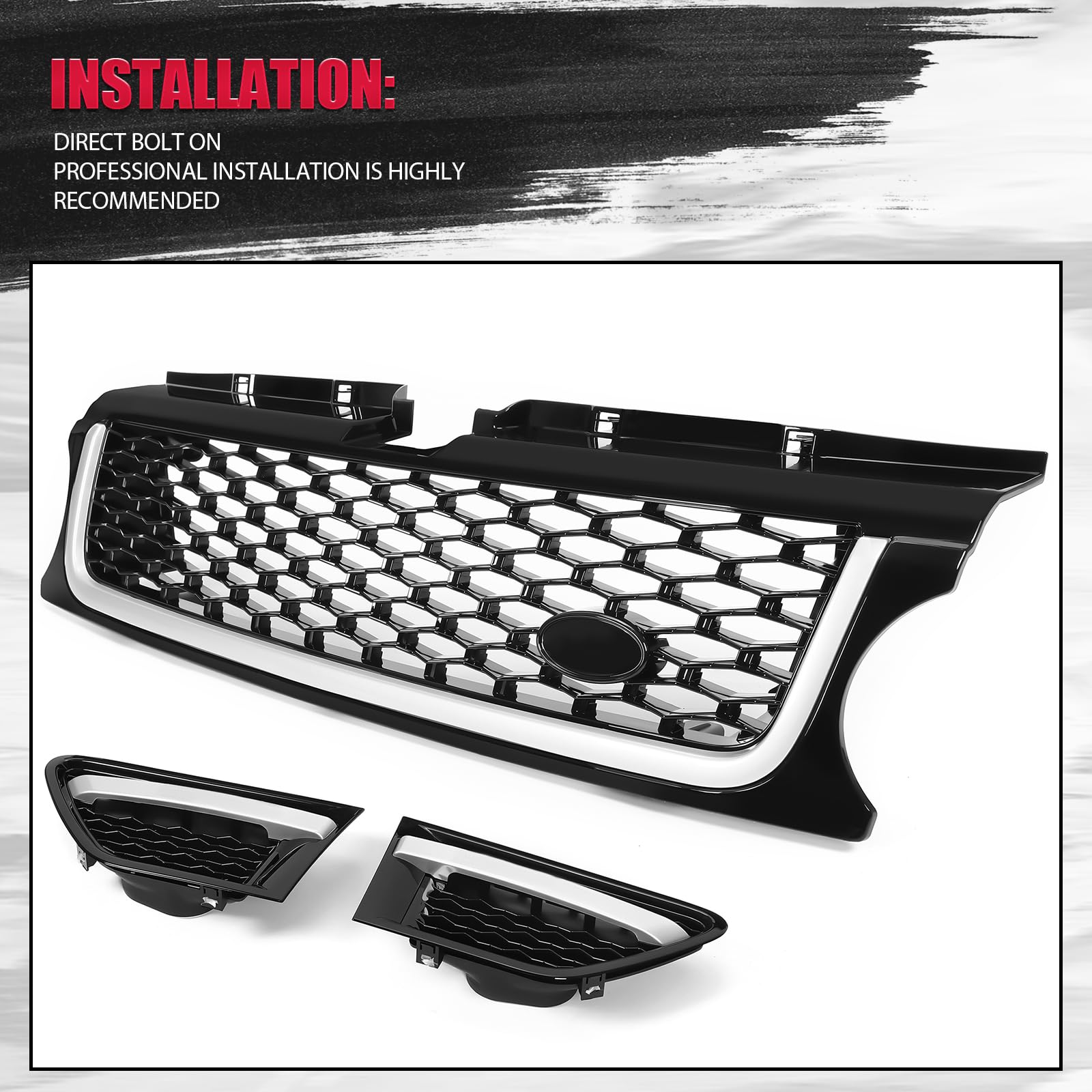HECASA Black Front Grill & Air Side Vents for 2010-2013 Land Rover Range Rover Sport L320 - Bumper Grille Assembly Replacement - Perfect for Off-Roading & Custom Car Upgrades