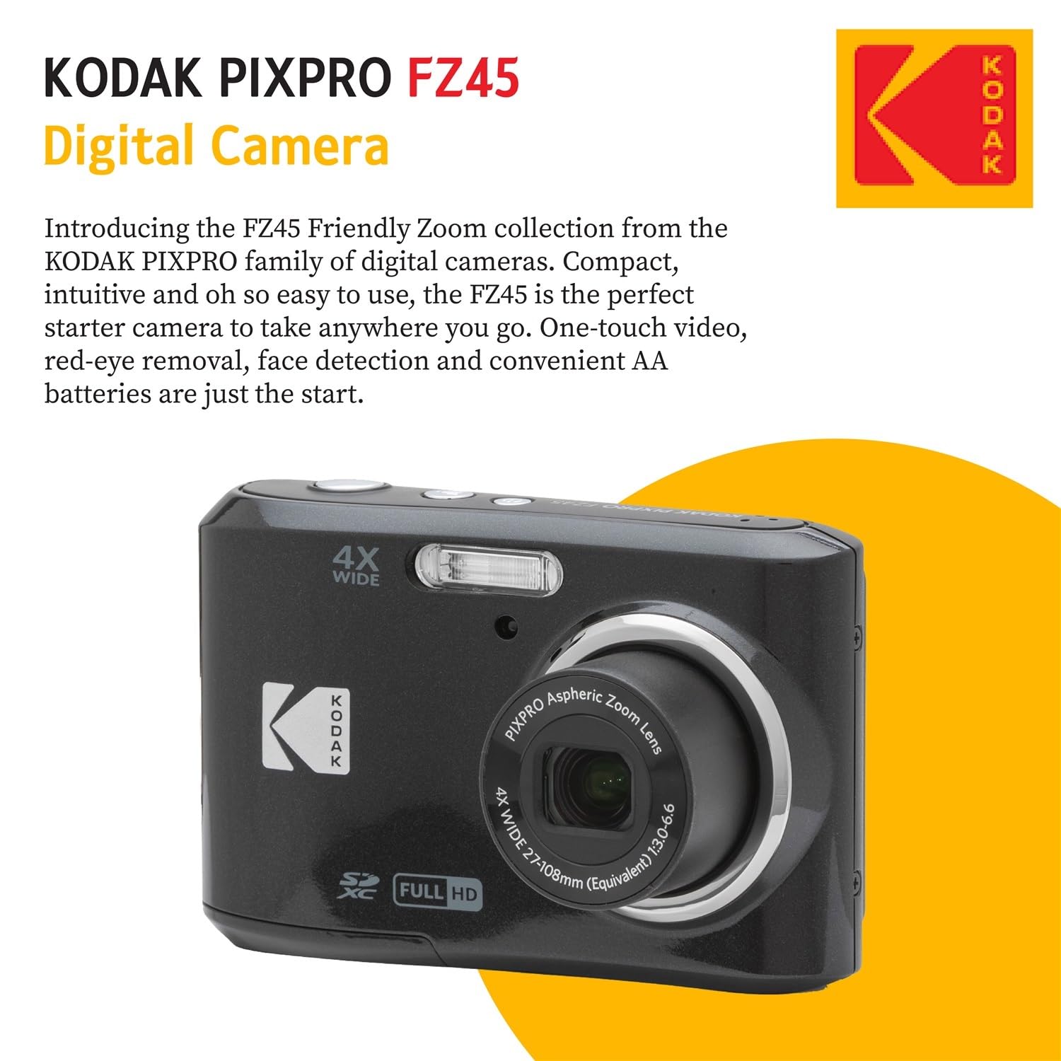 Kodak PIXPRO FZ45 Digital Camera Bundle - 16MP Point & Shoot Camera with 32GB Memory Card, Case, Monopod, Cleaning Pen, Screen Protectors & Tripod | Perfect for Travel, Vlogging & Family Photography (Black)