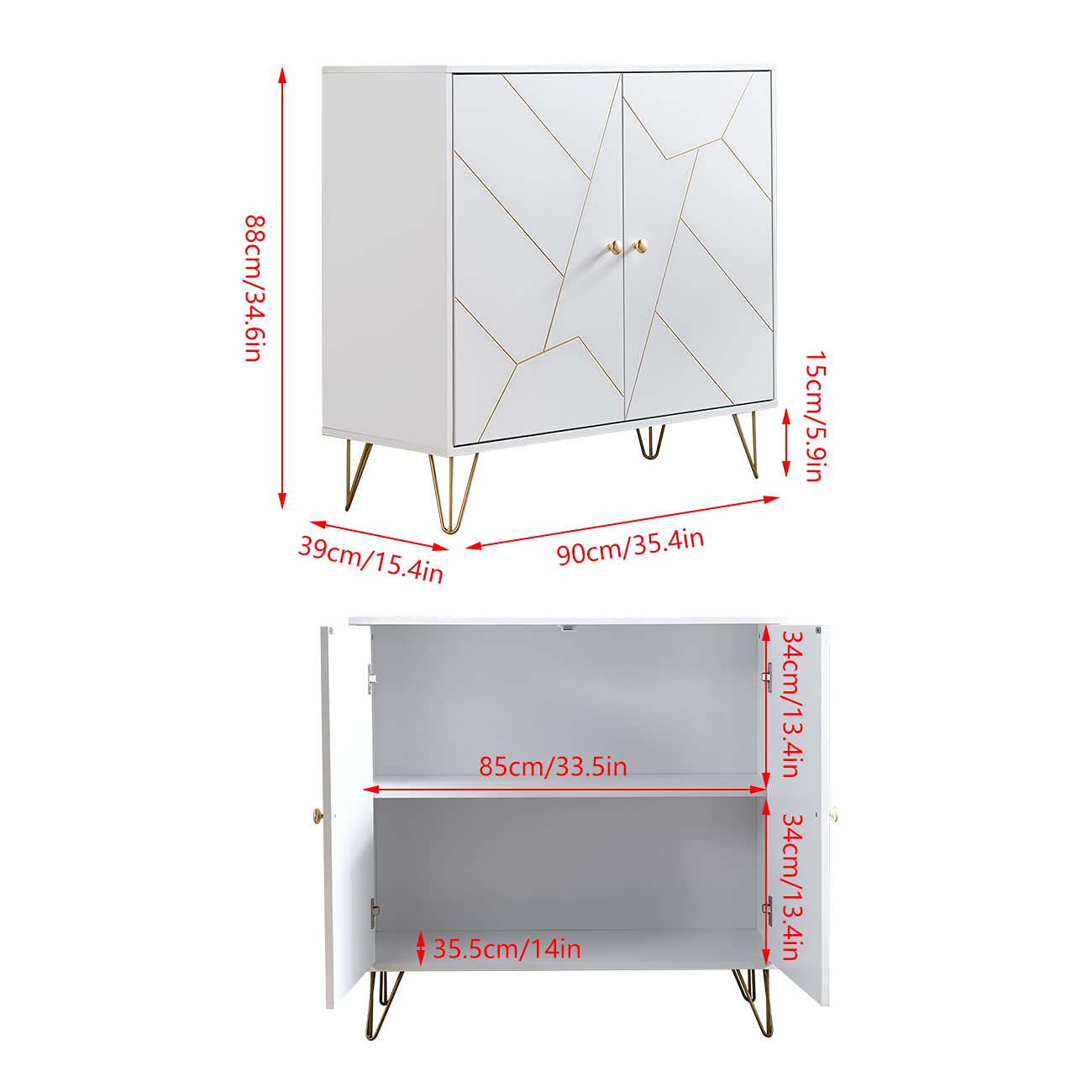 Modern White Kitchen Storage Cabinet with Gold Accents - 2 Door Buffet Console Table for Living Room, Dining Room & Entryway - Perfect for Organizing Dishes, Linens & Home Decor