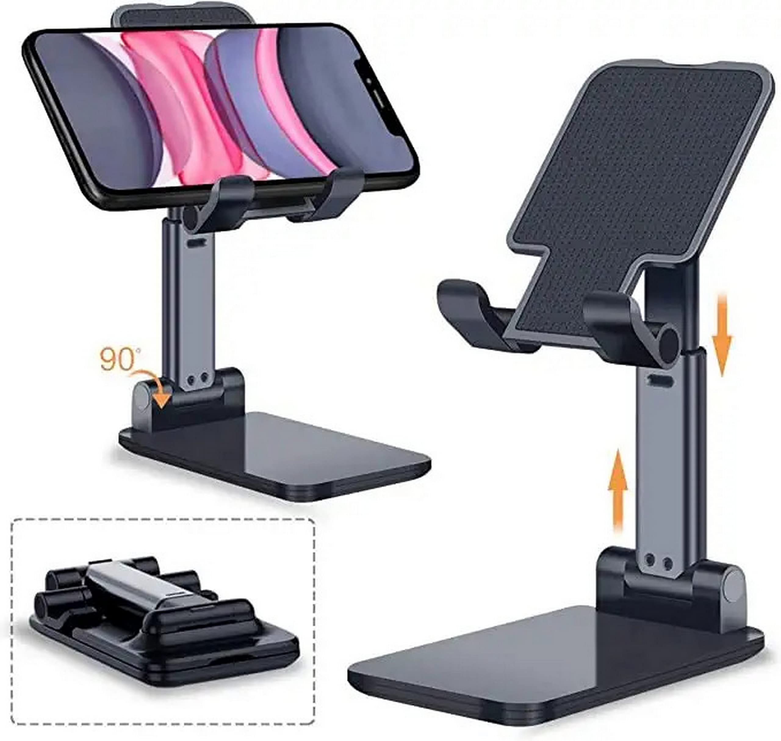Adjustable & Foldable Black Phone Stand - Compact, Flexible Stick-On Desk Holder for Cell Phones | Perfect for Video Calls, Watching Movies & Hands-Free Use