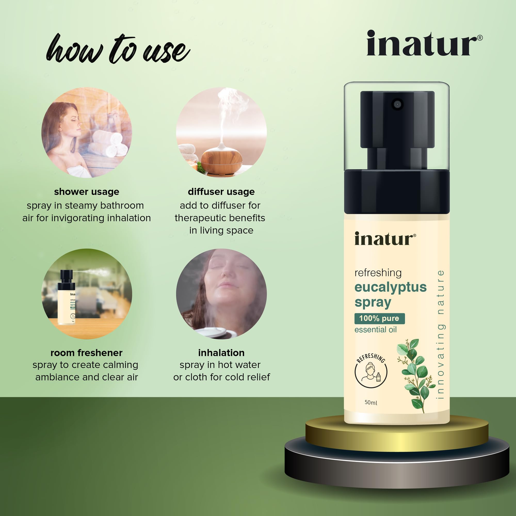 inatur Eucalyptus Essential Oil Spray 50ml - Aromatherapy for Shower, Diffuser & Room Freshening | Relaxing Mist for Spa, Yoga & Home Wellness