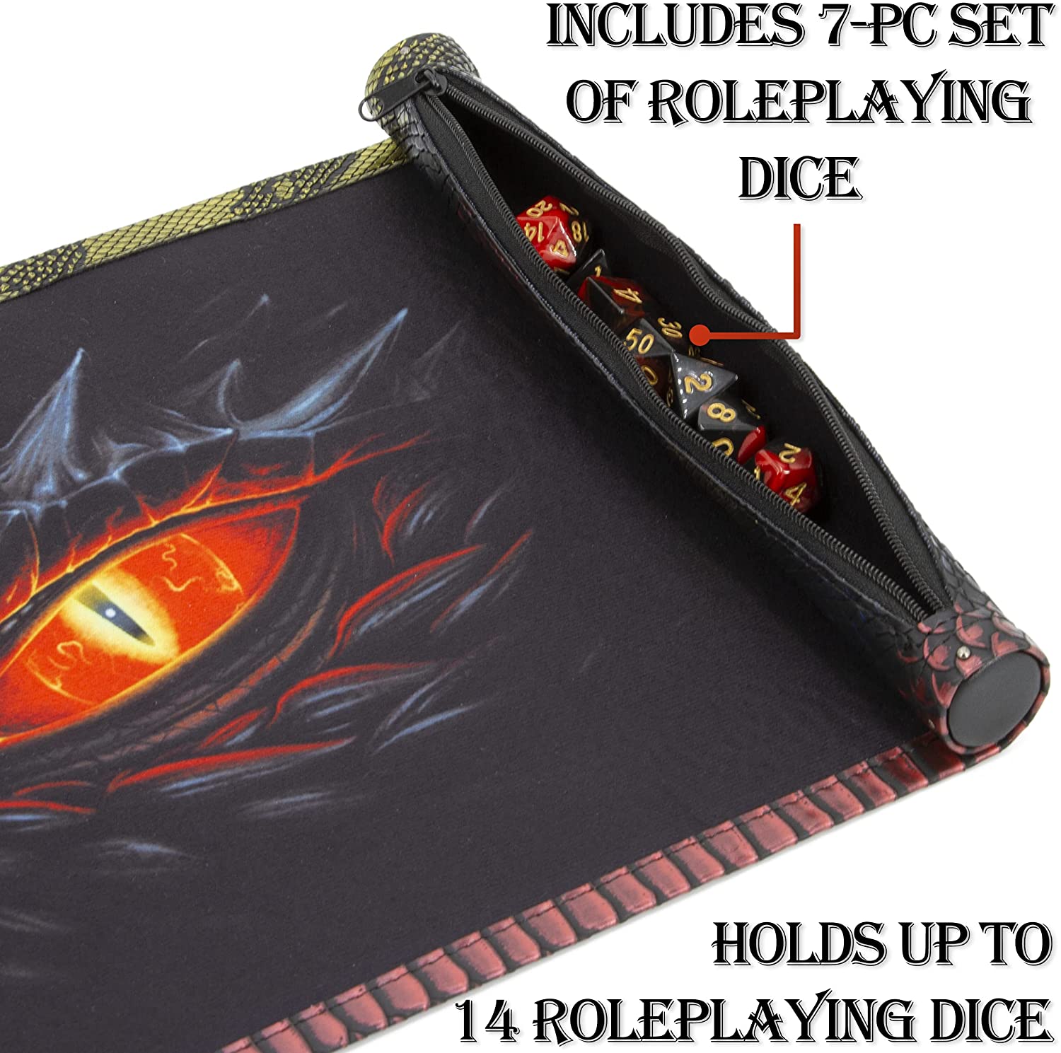 CASEMATIX Dice Rolling Tray & Dice Mat Set with 7 RPG Dice for Dungeons & Dragons (D&D) - Portable Dice Holder Storage for 14 Game Dice - Perfect for Tabletop Gaming, D&D Sessions & Travel Adventures