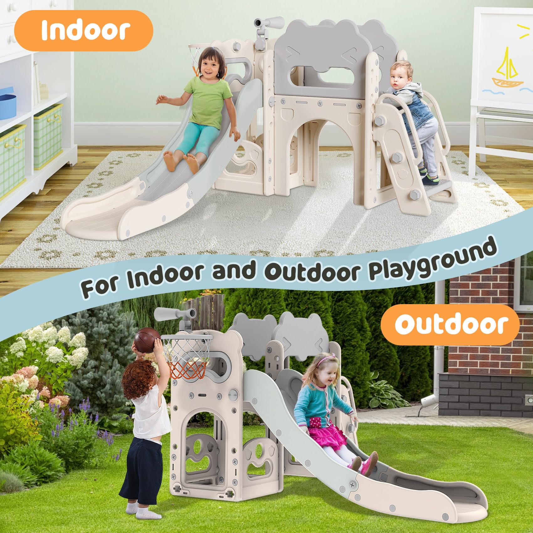 **Babytronic 7-in-1 Toddler Slide & Playset for Kids Ages 1-3 – Indoor & Outdoor Slide with Basketball Hoop & Telescope – Safe & Fun Toddler Playground (White & Gray) – Perfect for Home, Backyard, Daycare & Playrooms**